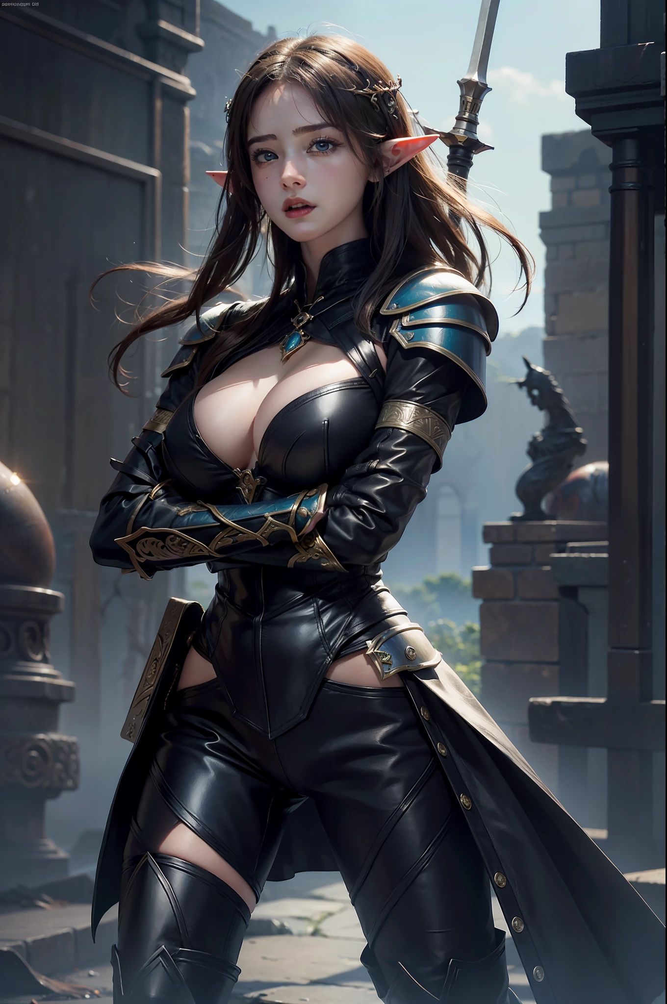 (Award-winning digital artwork:1.3) af (sketching:1.3),(with dynamism:1.3),(Saturation:1.3),(Close portrait:1.3),(femele:1.4),(big breasts beautiful: 1.4),(carismatic:1.3),Female elf,Leather armor,Perfect Detailed Eyes,Bright magic,battleground background,Large breasts,complex patterns,Film filter, ,dramatics,dynamicposes,illusory engine, (High detail: 1.9),full body shot shot,Glowing sword