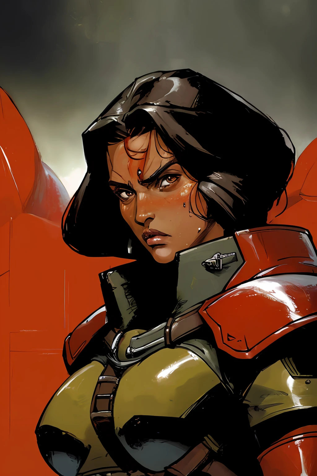 portrait of 1 brunette tan hispanic woman, battle stance, futuristic military gear, red eclipse encircling head, futuristic, detailed, ( methurlant), (masterpiece, best quality:1.3), comic, gritty, y2k animation, sweaty,
