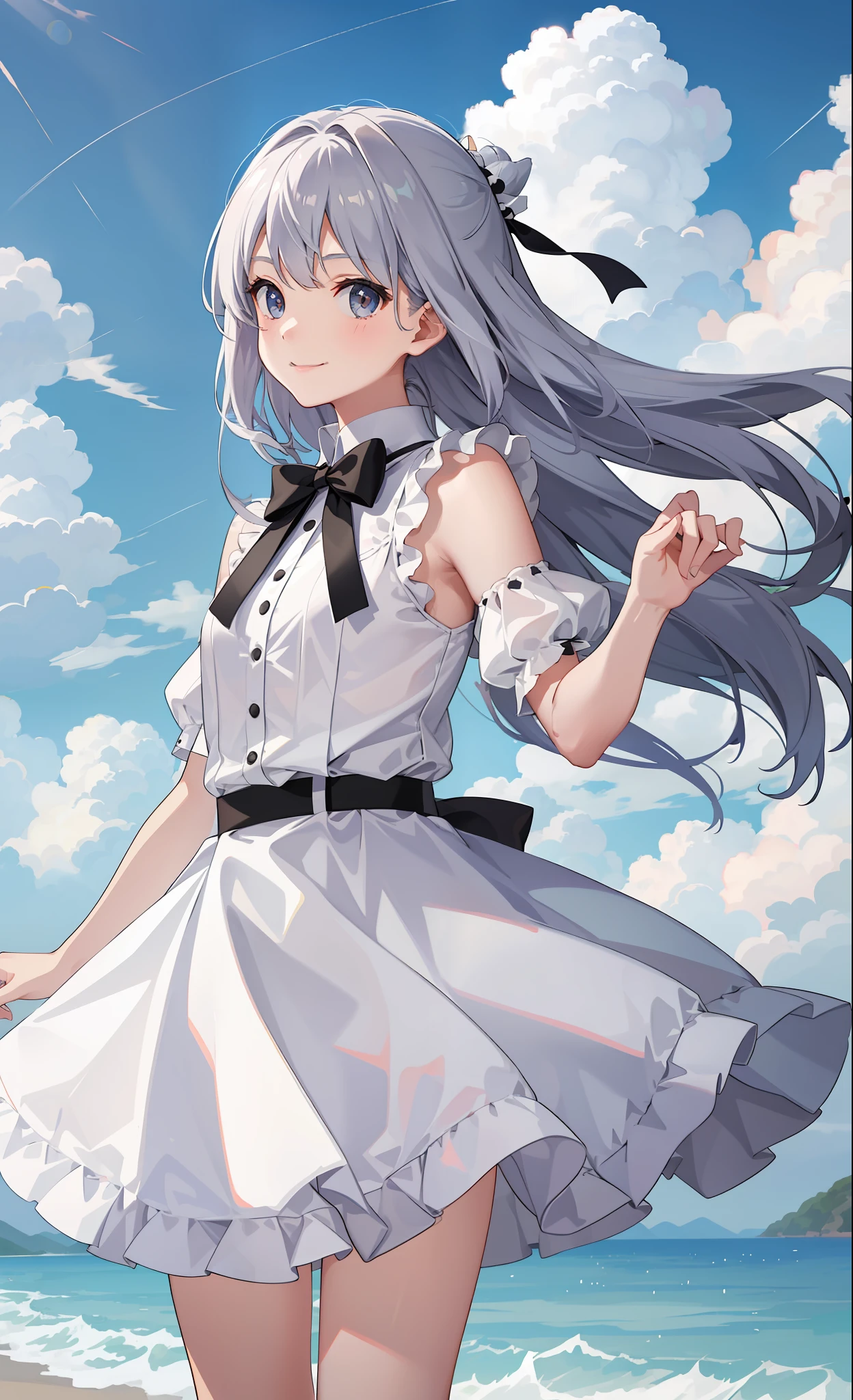 1girl in、A smile、The shirt、skirt by the、White fluffy dress、（small tits）、Chilarism、movement、the wind、Upper body portrait、