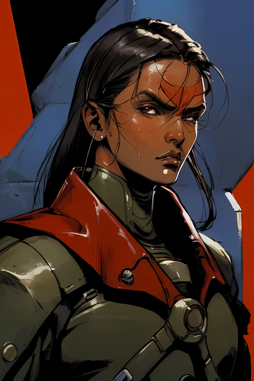 portrait of 1 brunette tan hispanic woman, battle stance,  futuristic military gear, red eclipse encircling head, futuristic, detailed, ( methurlant), (masterpiece, best quality:1.3), comic, gritty, y2k animation, sweaty,