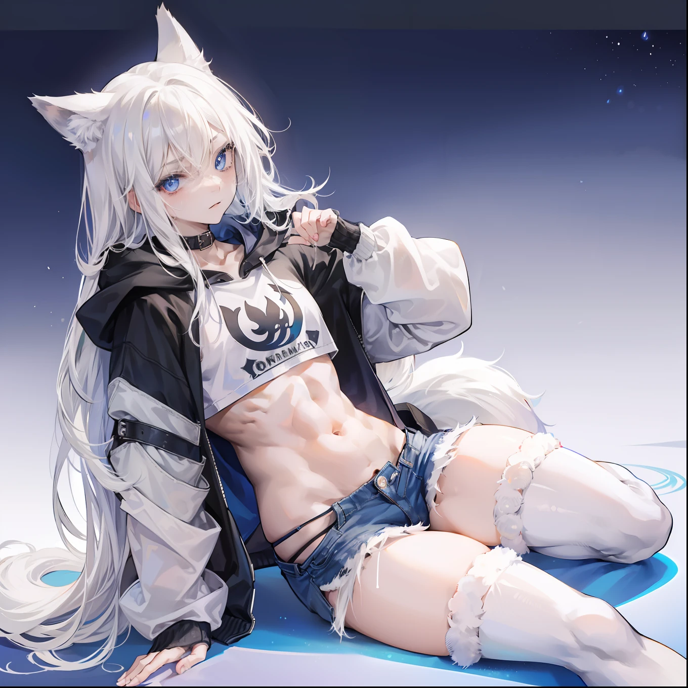 feminine male with long flowing white hair, has wolf ears, has wolf tail, wearing denim short shorts and a cropped black hoodie, thick thighs, wide hips, wearing thigh high socks, solo, alone, no wolves, showing belly, has glowing blue eyes, flat chested, wearing thigh high socks, sweaty, crotch bulge