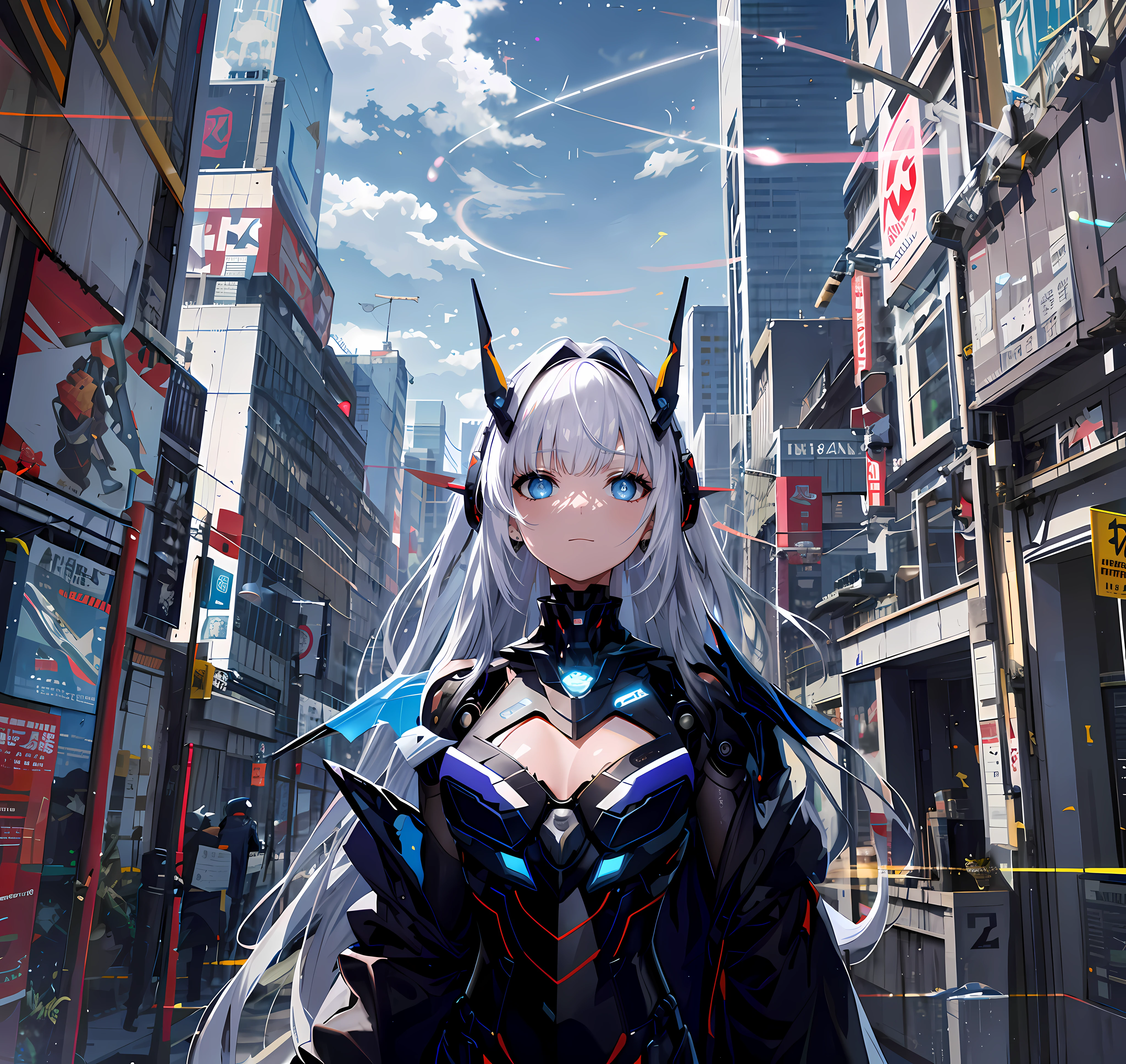 tmasterpiece，best qualtiy，ultra - detailed，very detailed illustration，The is very detailed，Complicated details，A high resolution，super complex detail，Very detailed 8k CG wallpaper，cowboy lens，Caustics，Reflectors，Ray traching，Demon Theme，Starcloud，darkness aura，cyber effect,(1girll:1.4),Solo,Alone,Mecha musume,mechanicalparts,robotjoints,single mechanical arm,Headgear,Mechanical Aura,Star halo,electric mechanical bodysuit,mecha corset,komono,Full armor,Very long hair,White hair , Hair between both eyes, Colorful hair, Colored inner hair, blue colored eyes, glowing light eyes, Eye trajectories, Random expressions, Random actions, Ancient Japanese architecture, ponds, starrysky, skylines,