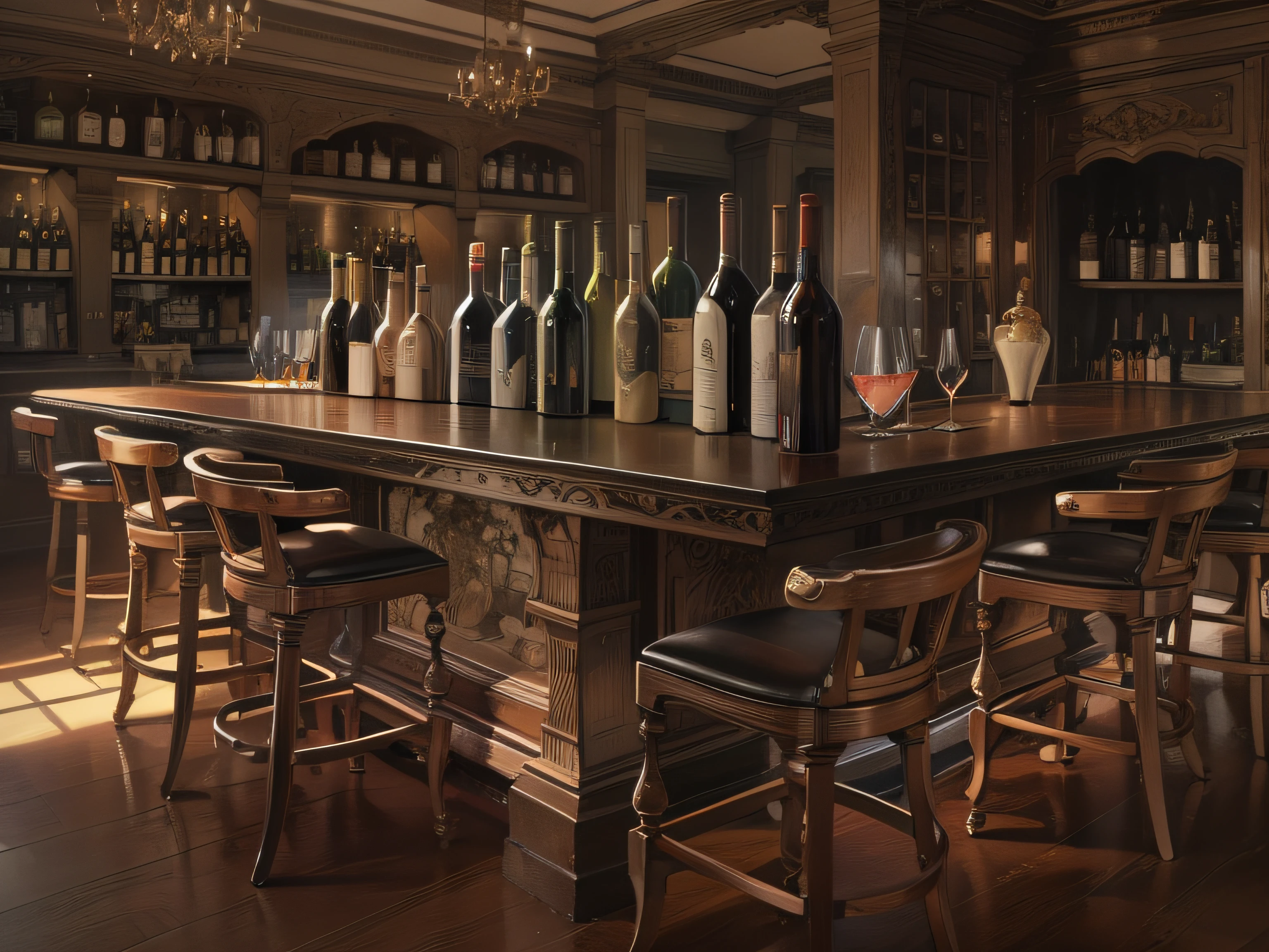 Wine bottles full of tables，Part of the A of Spades，Inside the bar，grand master，tmasterpiece，8k wallpaper，CG，Ultra-high image quality，light and shadow effect