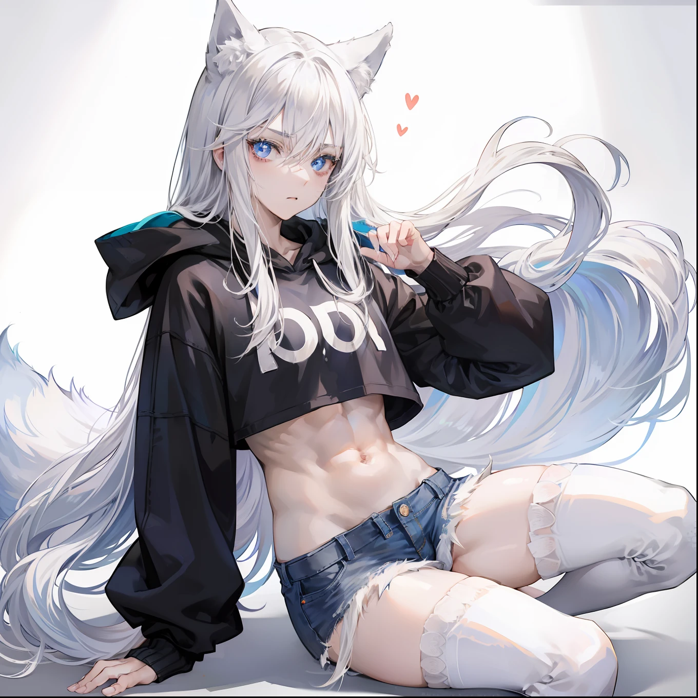 feminine male with long flowing white hair, has wolf ears, has wolf tail, wearing denim short shorts and a cropped black hoodie, thick thighs, wide hips, wearing thigh high socks, solo, alone, no wolves, showing belly, has glowing blue eyes, flat chested, wearing thigh high socks, sweaty, crotch bulge