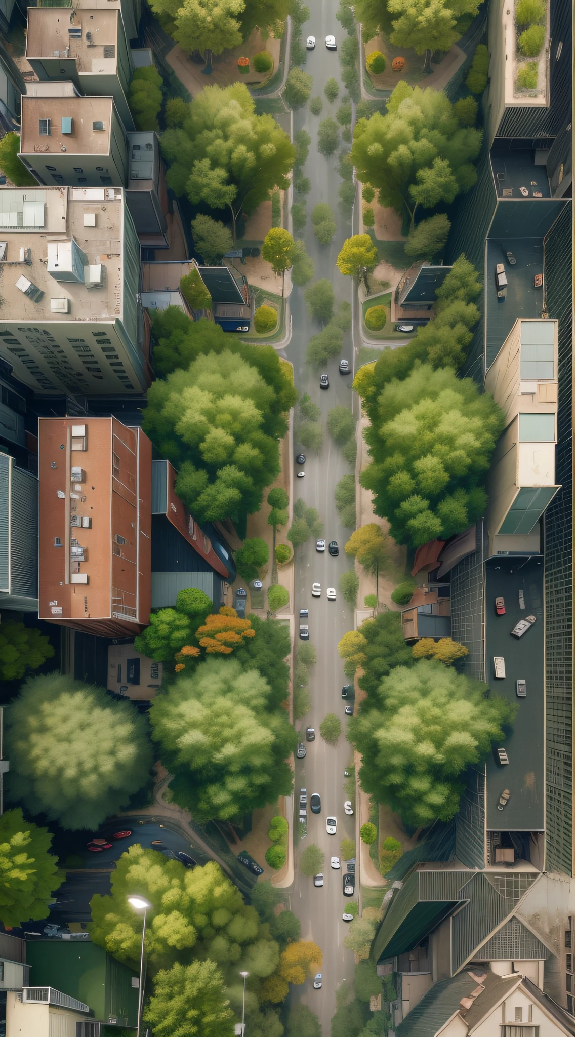 the city street，big trees，viewed from bird's-eye，A high resolution，Texture，hiyao miyazaki