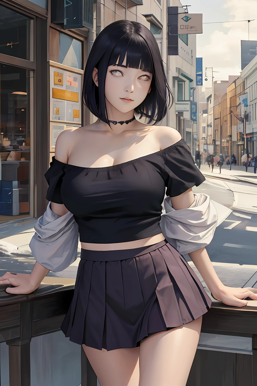 Masterpiece, high resolution, high quality, detailed face, detailed body visualization, detailed fingers,beautiful hands,1girl, solo, Hyūga Hinata, big breasts, off shoulder, short skirt,