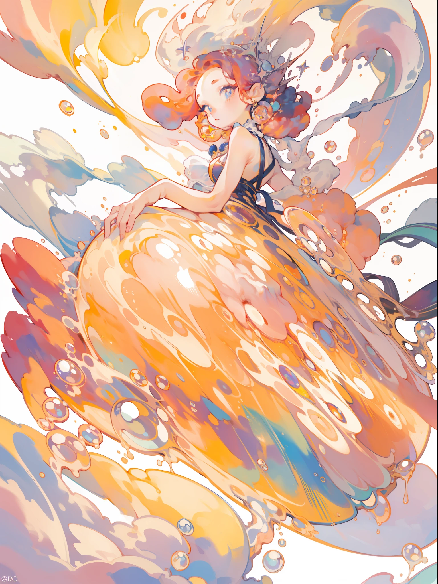 masterpiece, best quality, 8k resolution, sharp focus, intricate detail, beautiful girl, sparkling eyes, golden ratio face, otherworldly liquid, watercolor, warm colors, bright colors, whimsical, colorful, sharp focus, high resolution, fine detail, liquid ballgown, ((round eyes)), iridescent bubbles