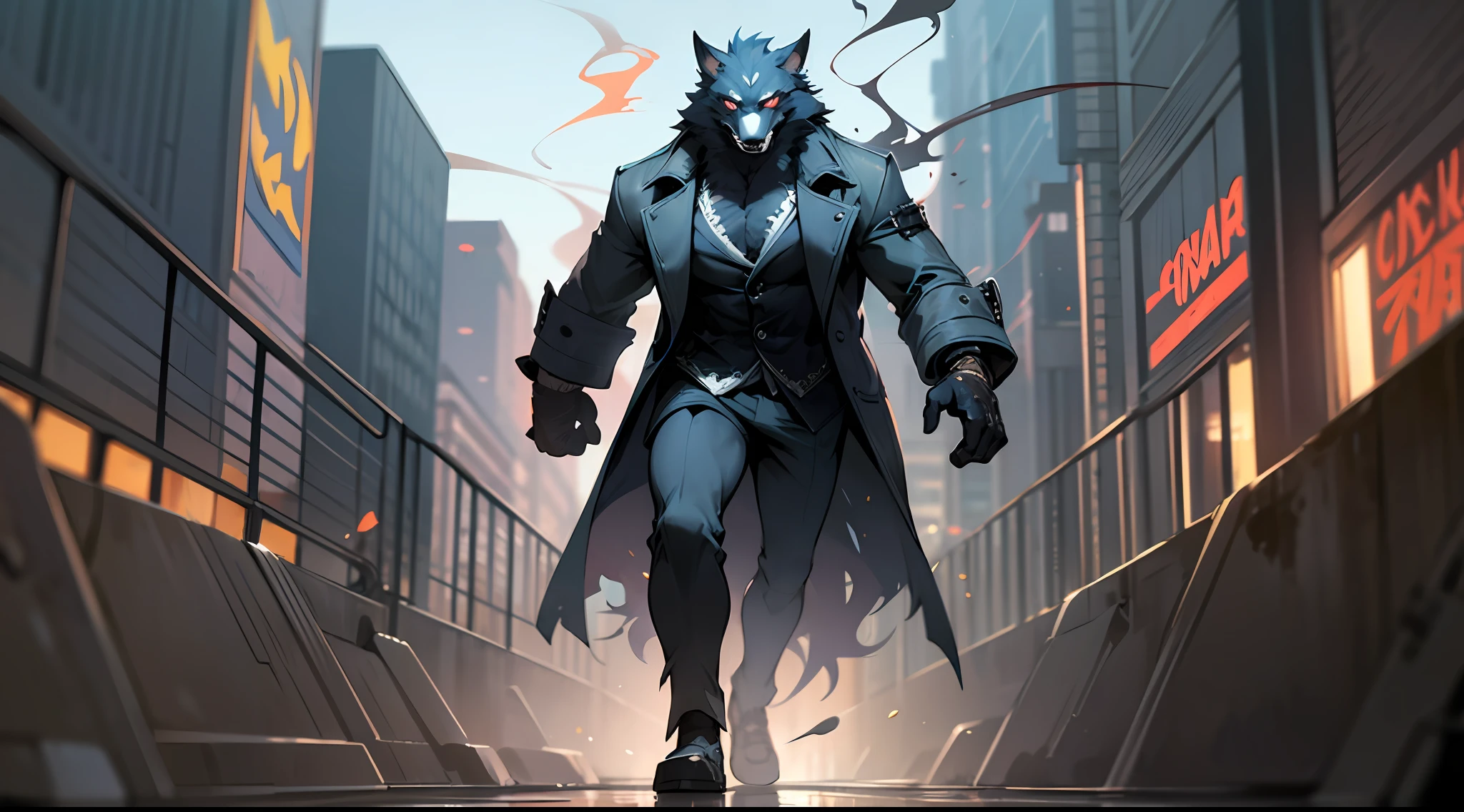 Masterpiece, (Ultra Detailed), (Animal Anthropomorphism), Gangster Theme, Wolf, Handsome, Trench Coat, Dim Lights, Smoke, Shadow, Corrupt Cityscape, Highest Quality, Single Focus, (skimming: 1.1), Muscle Man, Full Body, Intricate (High Detail: 1.1) Unreal Engine. --auto --s2