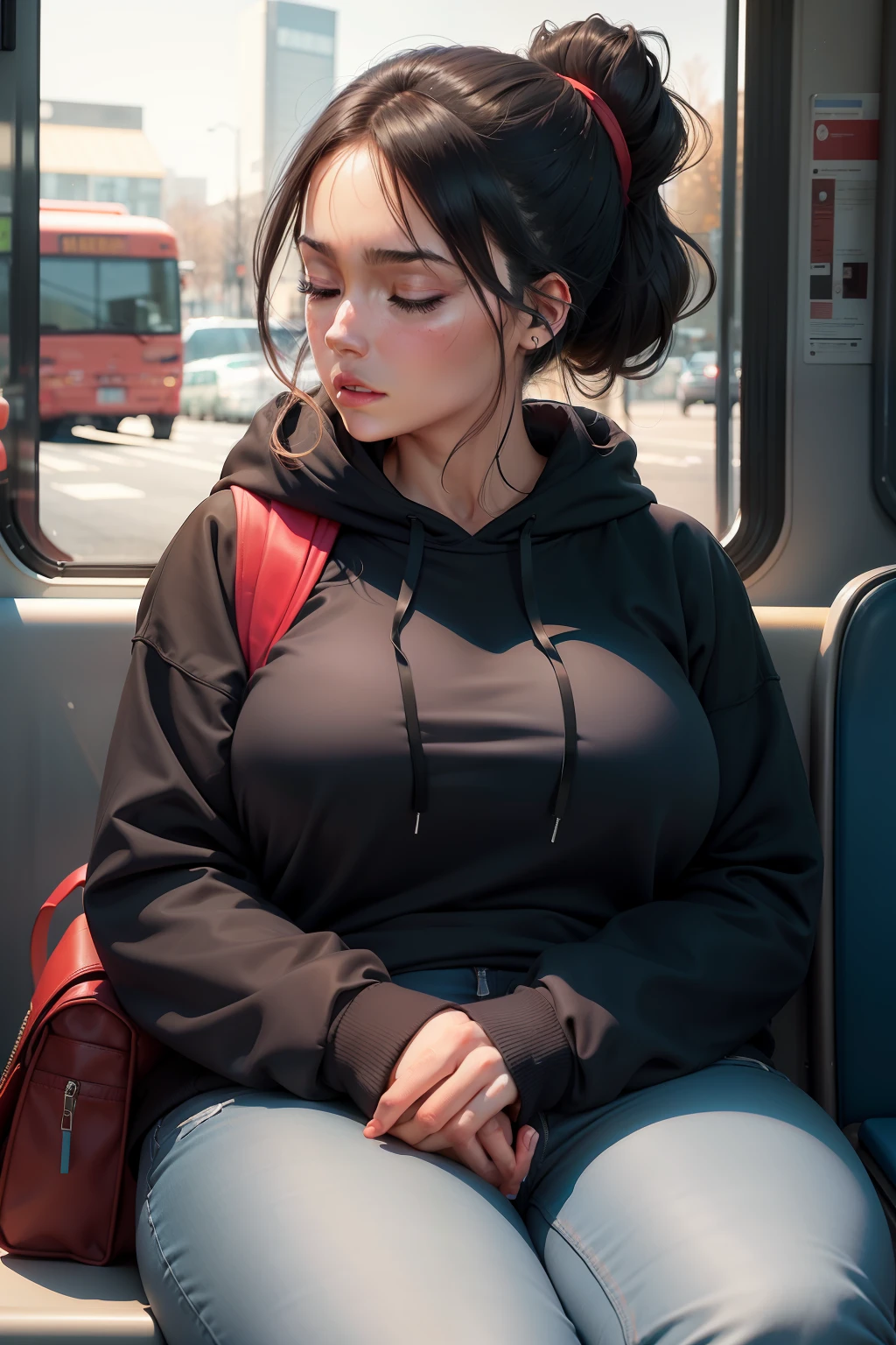 1 beautiful woman, large body, eyes closed, eyelids made up, ponytail, hair tied in a tail, neckline, RED SWEATSHIRT, BLACK JACKET OVER THE SWEATSHIRT, light blue jeans, black bag, hands crossed, asleep, asleep sitting up on the bus, MOUTH OPEN.