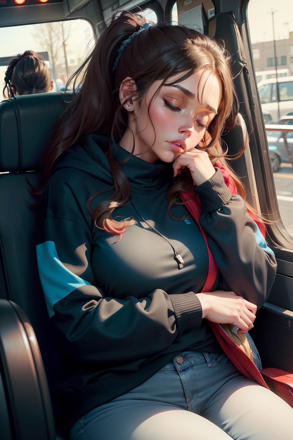 1 beautiful woman, large body, eyes closed, eyelids made up, ponytail, hair tied in a tail, neckline, RED SWEATSHIRT, BLACK JACKET OVER THE SWEATSHIRT, light blue jeans, black bag, hands crossed, asleep, asleep sitting up on the bus, MOUTH OPEN.
