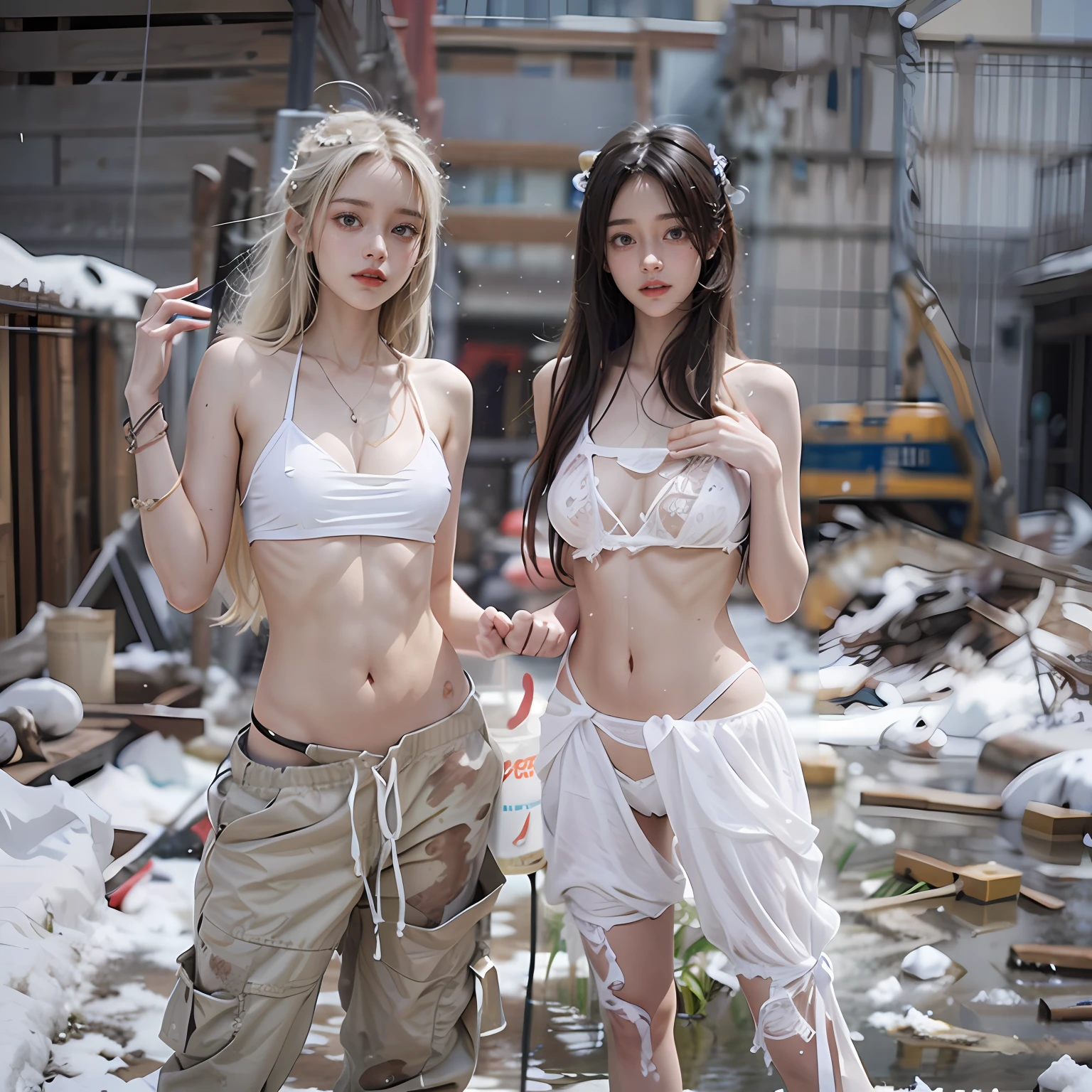 Abandoned construction sites,nevando,Thick snow,Sexy standing pose,White transparent bikini,Exposing the genitals ,Garbage all over the ground,Dilapidated,Devastated,best qualtiy,full-body portraits(1:1),18 years old girls,lean and slender body,Skinny,Smaller bust,The barefoot,Leaky ,Leakage of all breasts,Naked all over the body,facing to audience