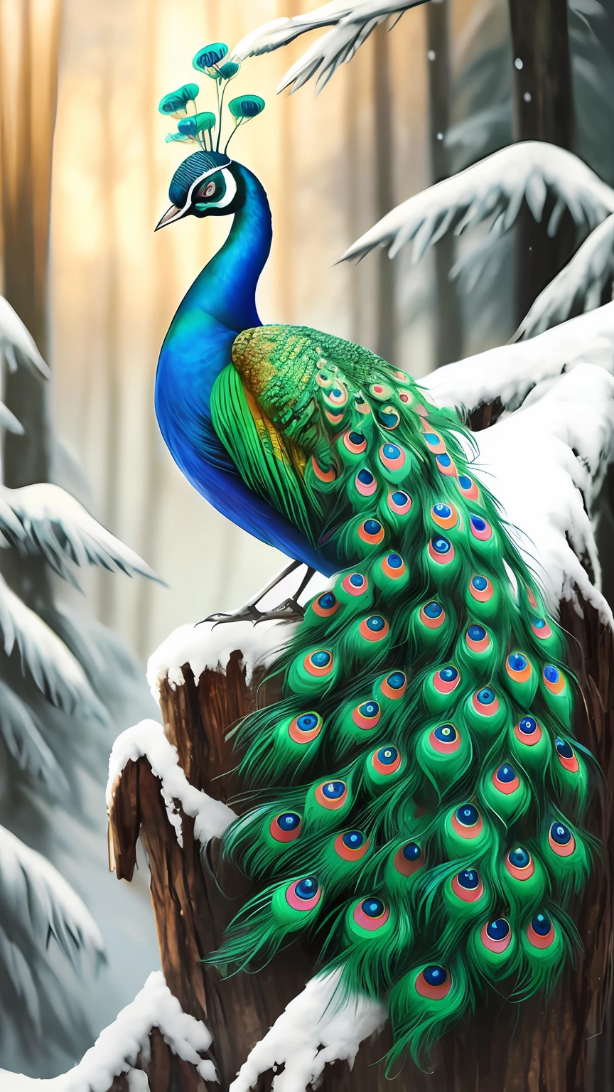 Draw a peacock sitting on a branch in a snowy forest, Beautiful art UHD 4 K, Detailed painting 4 K, beautiful painting of a tall, elegant digital painting, Beautiful digital artwork, peacock, Peacock in the desert, detailed realistic colors, beautiful digital painting, 4 k highly detailed art, highly detailed digital artwork, beautiful digital art
