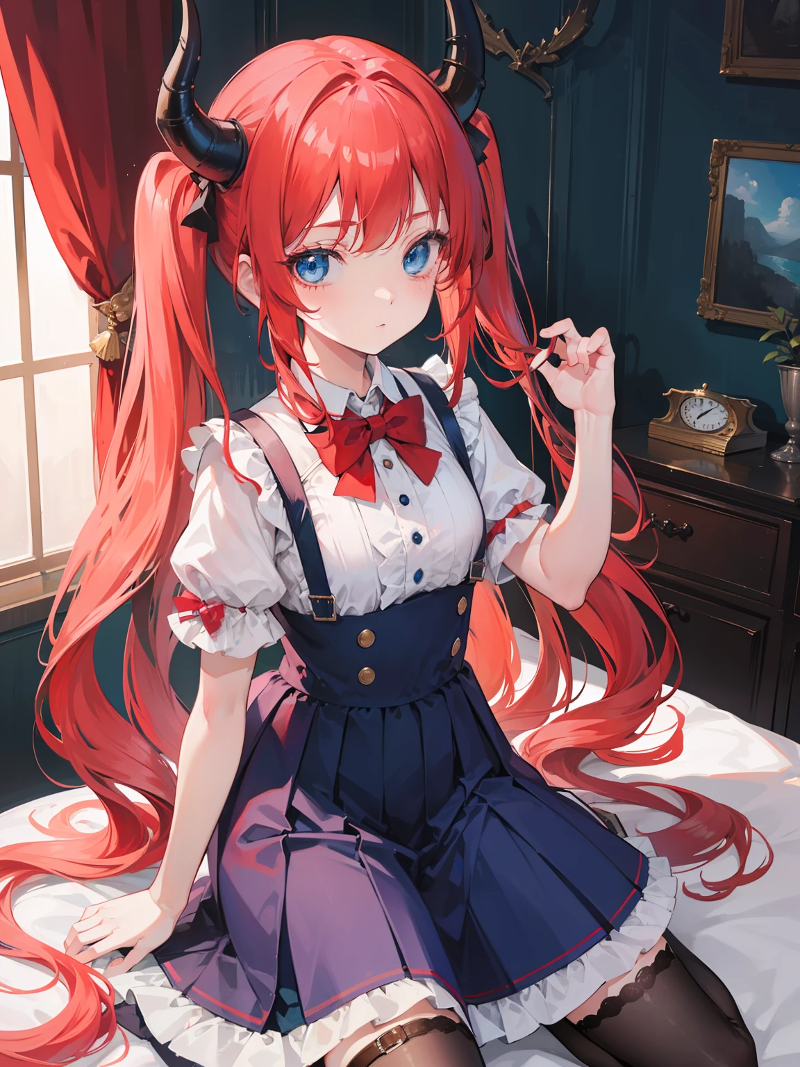 {{best quality}}, {{masterpiece}}, {{ultra-detailed}}, {illustration}, {detailed light}, red hair,blue eyes,twintails,ta,Suspenders skirt,Fantastic,lolio,Dragon horns,little gir