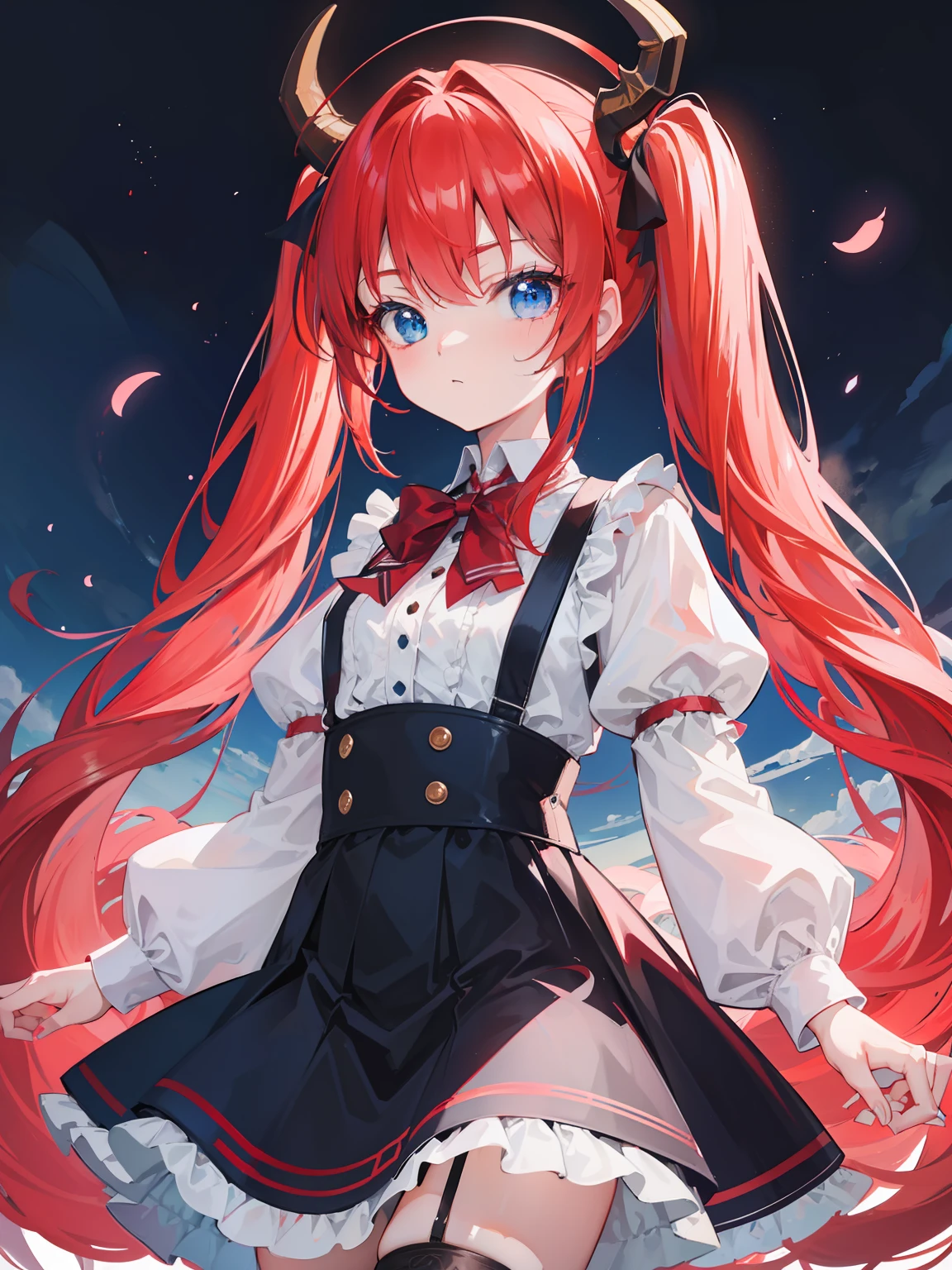 {{best quality}}, {{masterpiece}}, {{ultra-detailed}}, {illustration}, {detailed light}, red hair,blue eyes,twintails,lolita,Suspenders skirt,Fantastic,loli,solo,Dragon horns,little girl,long hair