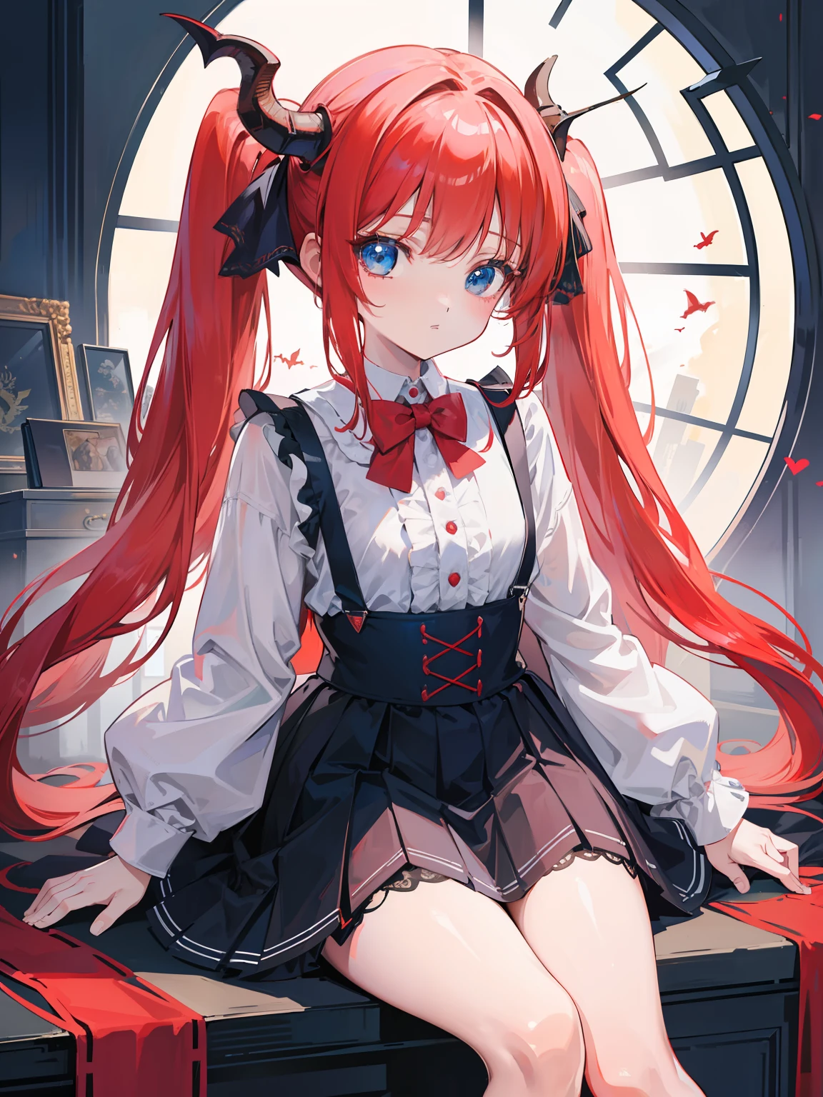 {{best quality}}, {{masterpiece}}, {{ultra-detailed}}, {illustration}, {detailed light}, red hair,blue eyes,twintails,lolita,Suspenders skirt,Fantastic,loli,solo,Dragon horns,little girl,long hair