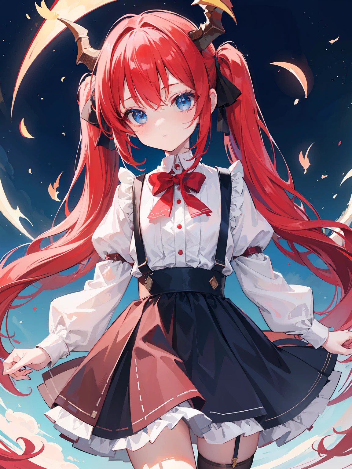 {{best quality}}, {{masterpiece}}, {{ultra-detailed}}, {illustration}, {detailed light}, red hair,blue eyes,twintails,lolita,Suspenders skirt,Fantastic,loli,solo,Dragon horns,little girl,long hair