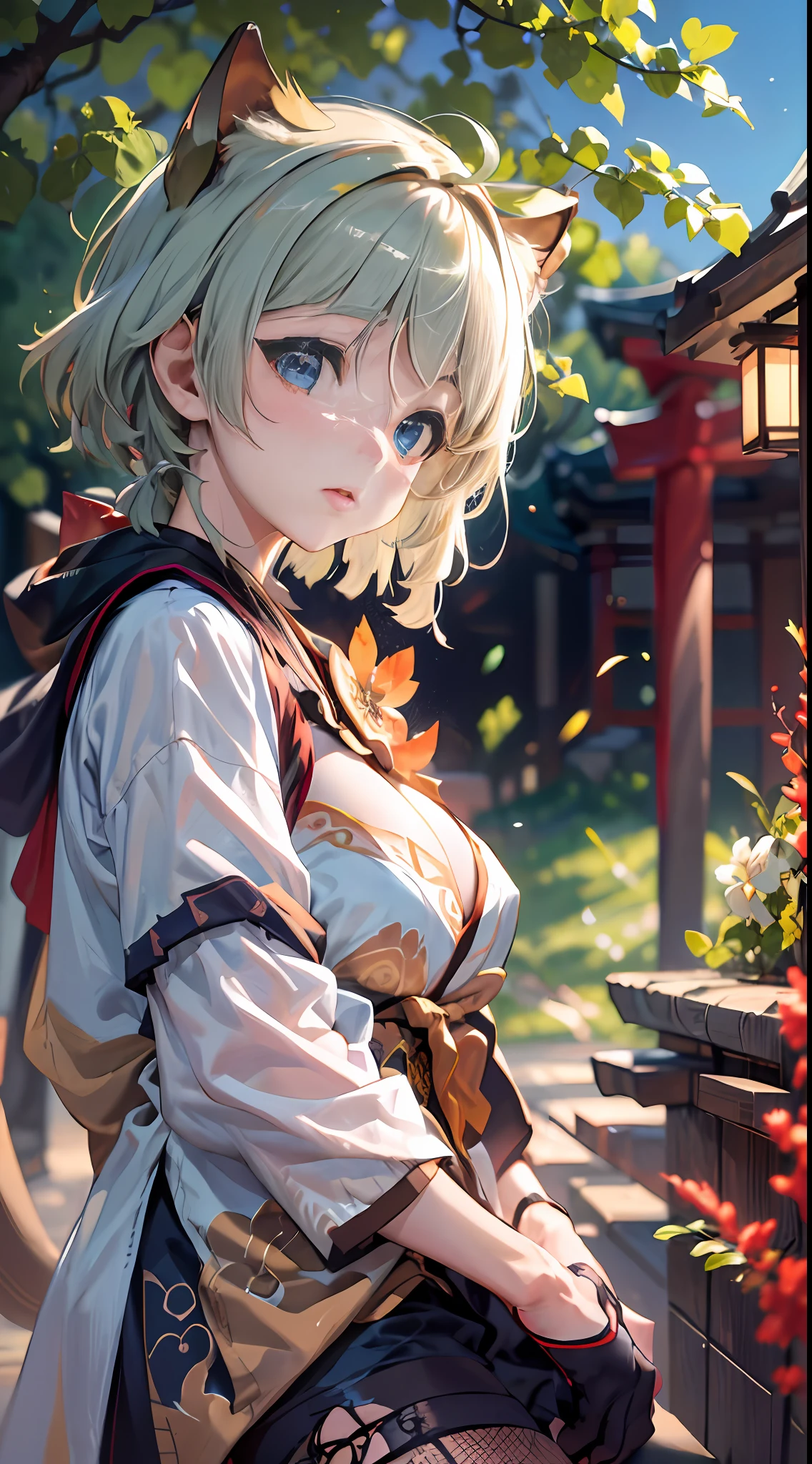 (NSTDA.:1.2), (10, beste-Qualit, master-piece: 1.4), ultra-high resolution, (lifelike, photorealistic portrait: 1.48), 25 years old, Cute Girl, Famous Japanese actors, oversized breasts, Blue Eyes, Head tilt, cowboy shot, from the front,My favorite cat ears, looking at the audience, expressionless, Beautiful lake, Zeiss 150mm F/ 2.8 Hasselblad, In Japanese shrines, Whole body, foot, Ultra-Wide Angle