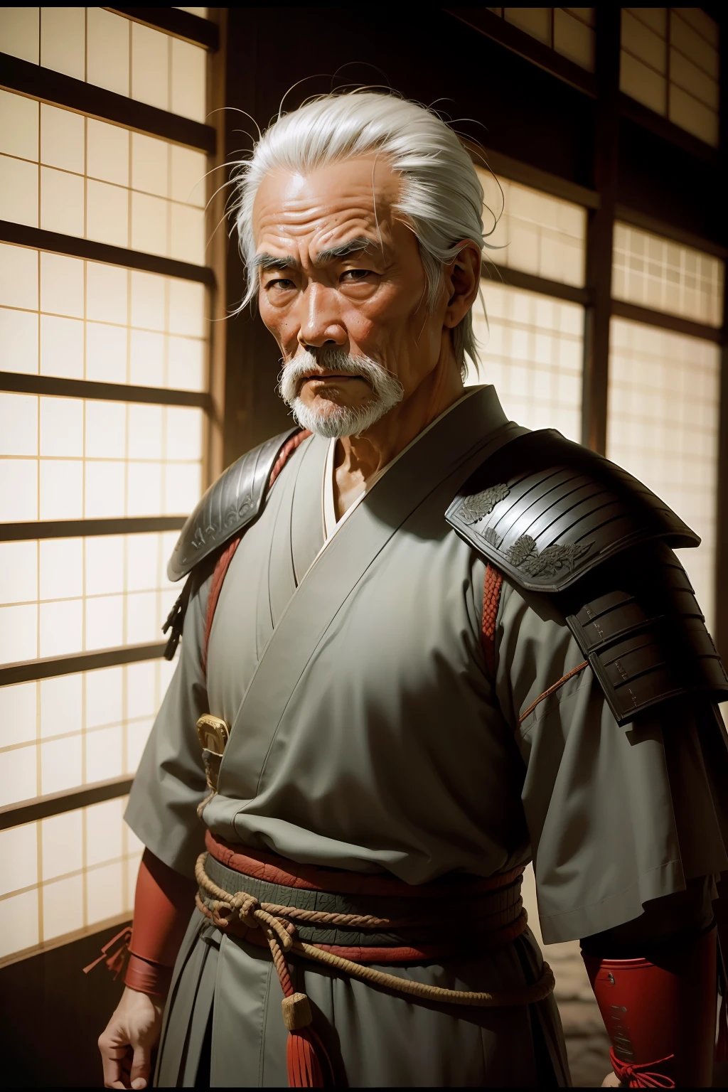 Japan old man, Warrior Samurai, graying hair, Edo period in Japan, Recovered photos, (filmgrain:1.2), (disposable film:1.2), bad lighting, Dim,