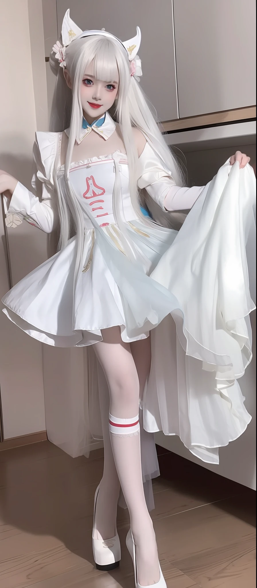 Photos of th3r0ck as a playful maid，1girll，red apron，amazing body，pronounced feminine features，plumw，kitchens，Long white hair，Flirt with long legs with a camera，high-heels，blackstockings