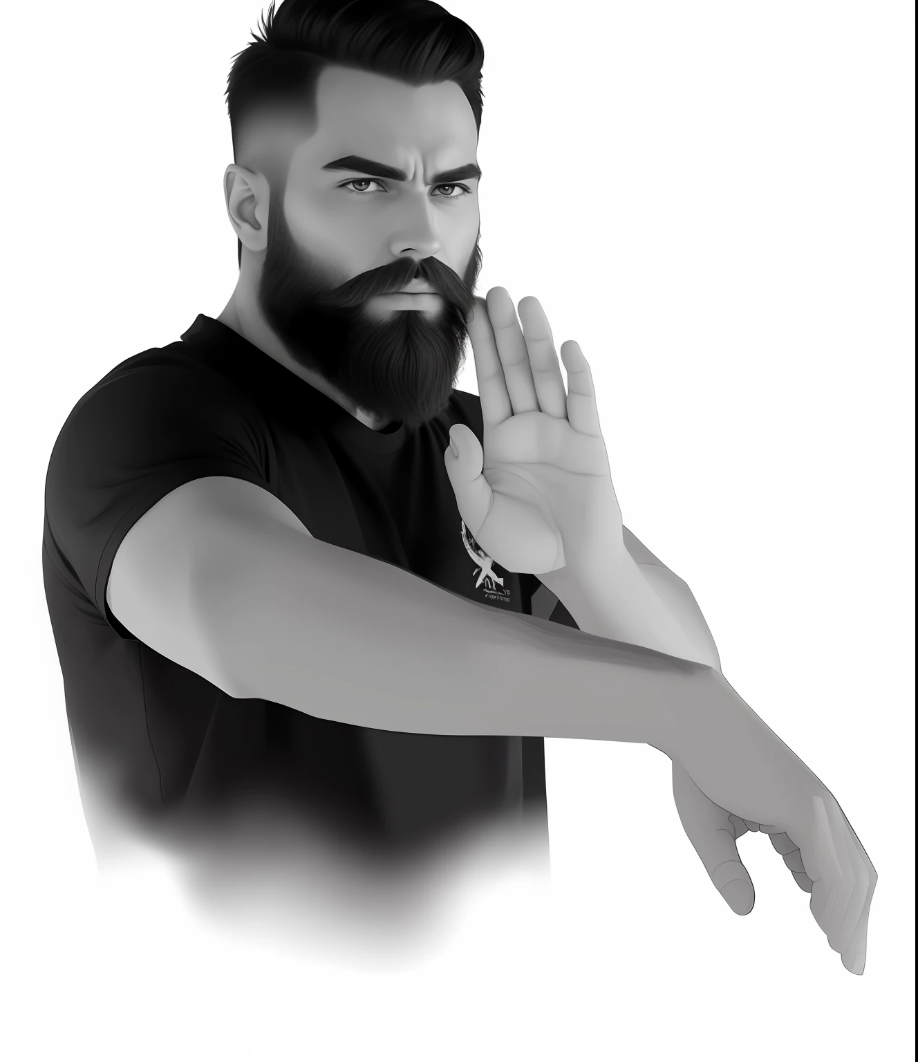 there is a man with a beard and a beardless shirt doing a hand gesture, man standing in defensive pose, threatening pose, in a fighting pose, fighting stance, in a fighting stance, scary angry pose, fighting pose, martial art pose, indistinct man with his hand up, confident action pose, colorful water painting, extremely detailed wallpaper, flat color,colorful, masterpiece, best quality, original