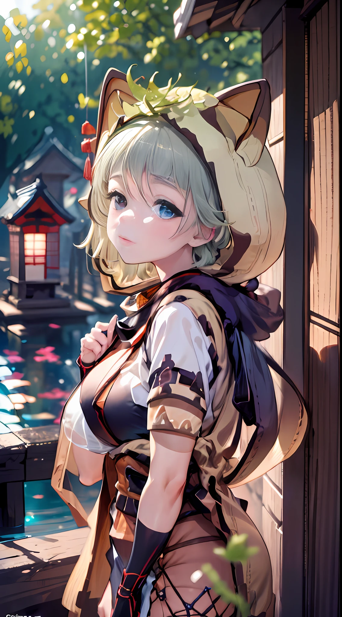 (NSTDA.:1.2), (10, beste-Qualit, master-piece: 1.4), ultra-high resolution, (lifelike, photorealistic portrait: 1.48), 25 years old, Cute Girl, Famous Japanese actors, oversized breasts, Blue Eyes, Head tilt, cowboy shot, from the front,My favorite cat ears, looking at the audience, expressionless, Beautiful lake,  Zeiss 150mm F/ 2.8 Hasselblad, In Japanese shrines, Whole body, foot, Ultra-Wide Angle