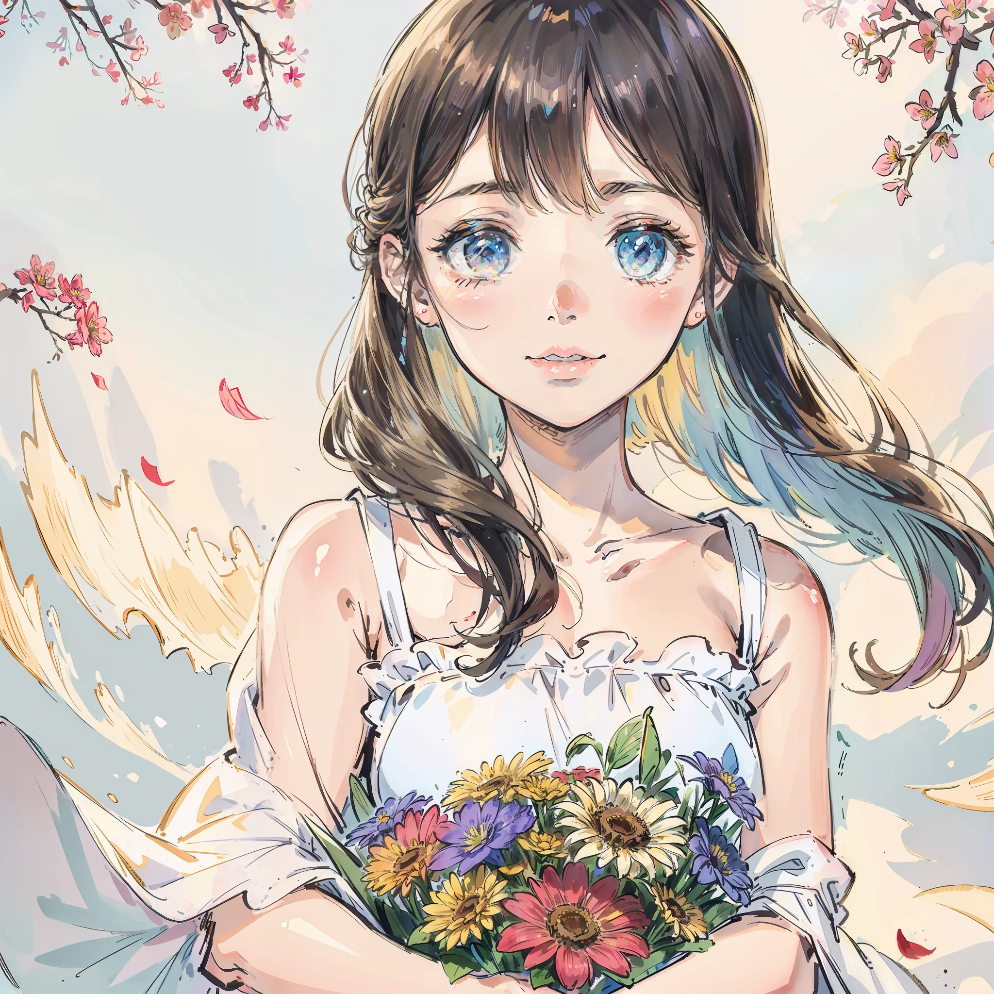 portrait of a young  girl, upper body, holding a bouquet of colorful flowers, looking happy, long wavy hair, wearing floral dress, warm sunlight on her face, soft focus, intricate details, digital art, 8K resolution