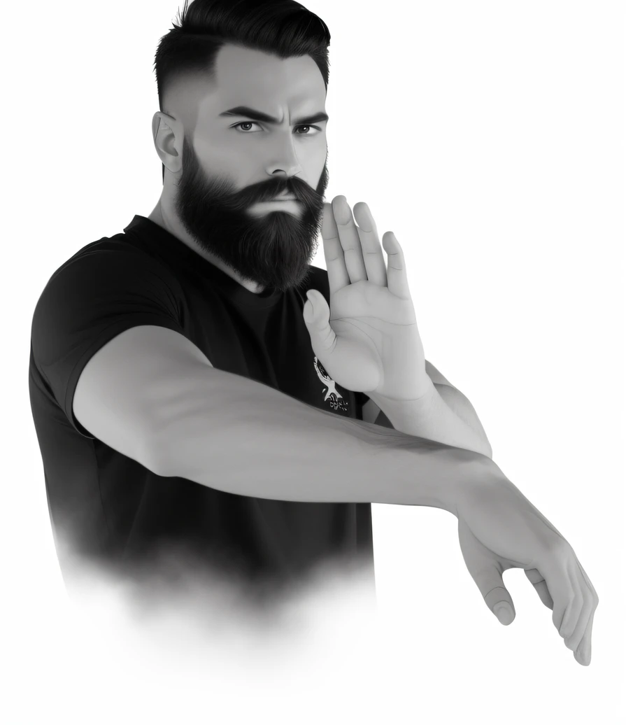 there is a man with a beard and a beardless shirt doing a hand gesture, man standing in defensive pose, threatening pose, in a fighting pose, fighting stance, in a fighting stance, scary angry pose, fighting pose, martial art pose, indistinct man with his hand up, confident action pose, colorful water painting, extremely detailed wallpaper, flat color,colorful, masterpiece, best quality, original