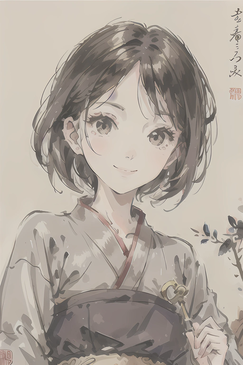 (masterpiece),best quality,good anatomy, shuimobysim,(1 girl:1), (upper body),(smile),short hair,(hanfu),(ecchi0.5), (trees:0.5), (flowers:0.6) ,(wooden house:0.2),(bamboo forest:0.2),(creek:0.2),(river:0.2),