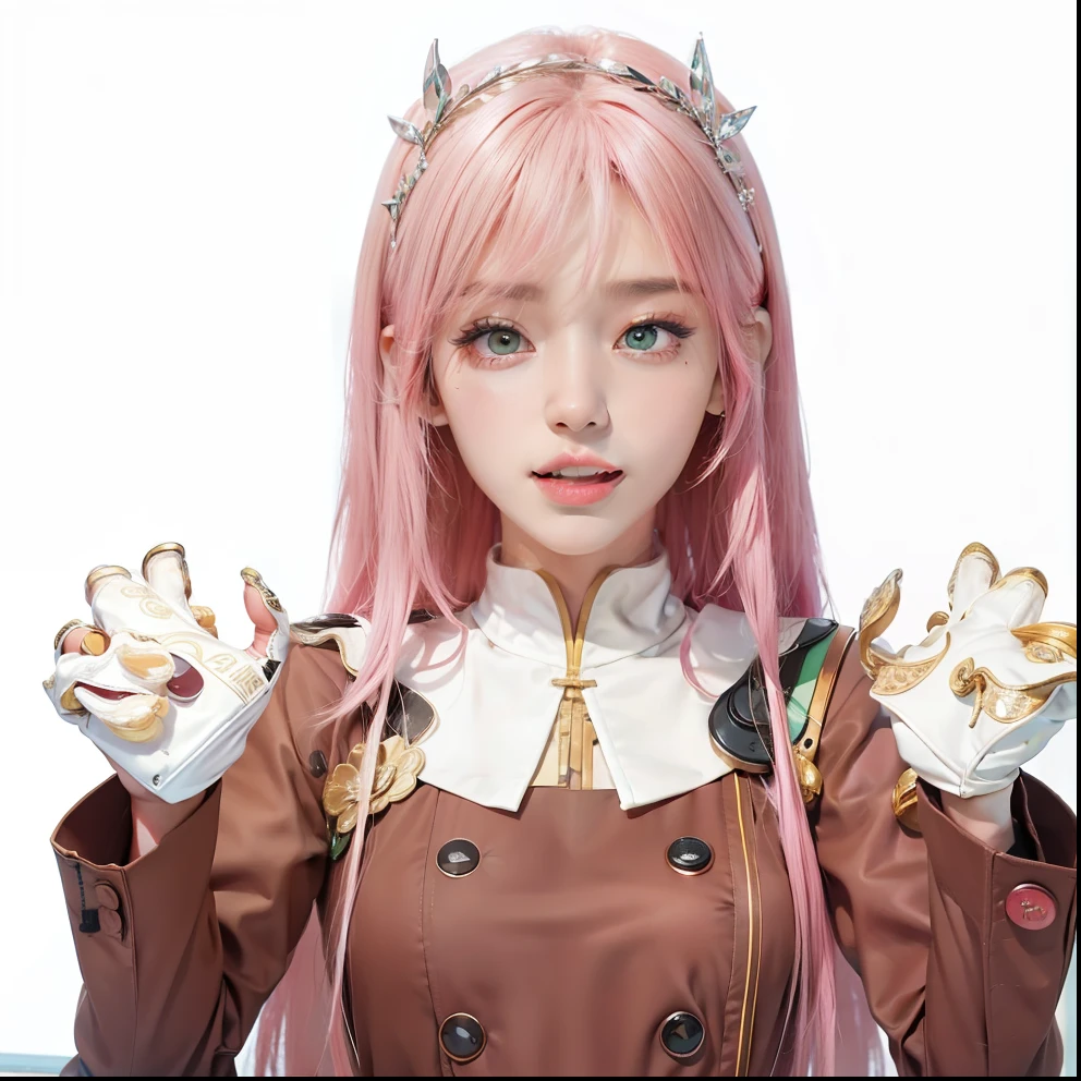 Masterpiece, 1 beautiful girl, detailed eyes, swollen eyes, top quality, super high res, (Reality: 1.4), cinematic lighting, Japanese, Asian beauty, Korean, very beautiful, beautiful skin, slender, body facing forward, (super realistic), (high res), (8K), (very detailed), ( Best Illustration), (beautifully detailed eyes), (super detailed), (wallpaper), detailed face, bright lighting, professional lighting, looking at viewer, facing straight ahead, neat clothes, short hair, pink hair, pureerosfaceace_v1, 46 point slanted bangs, hotel room with morning sun in the background, window The background is a hotel room with the morning sun shining through the window, a clear ocean outside, and an angle from the waist up, green eyes,Laughing face