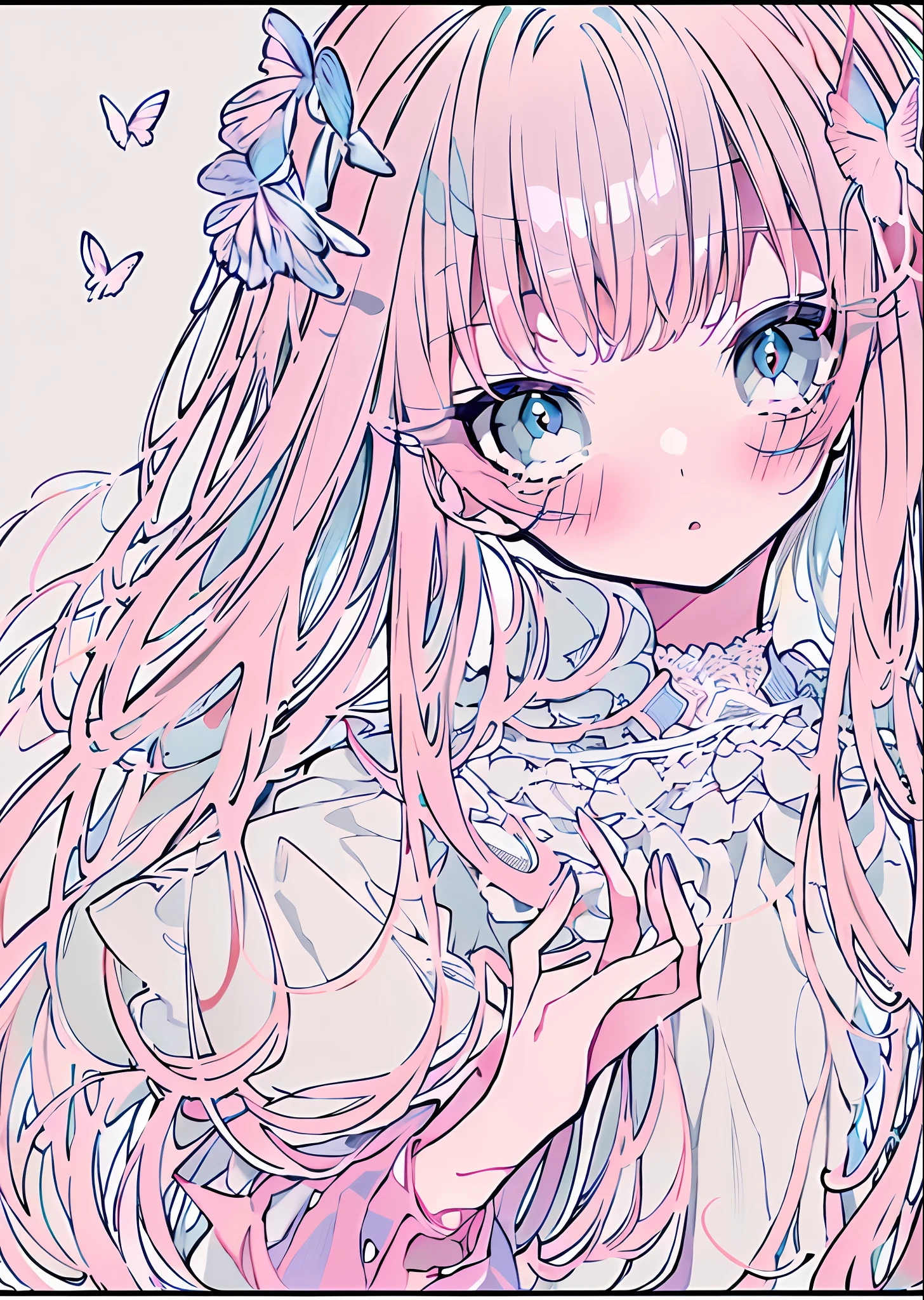 (tmasterpiece,best qualtiy,独奏,long whitr hair,Looking at you,By bangs,minimalistic background,longer sleeves,white dresses,Cover the hair of the eyes,Light blue eyes,Keep your mouth shut,Mono Color,The upper part of the body,pastel pink dress,baby pink hair,frilld,Puffy sleeves,finger nails,butterflys,Big high school girl,pink back ground)
