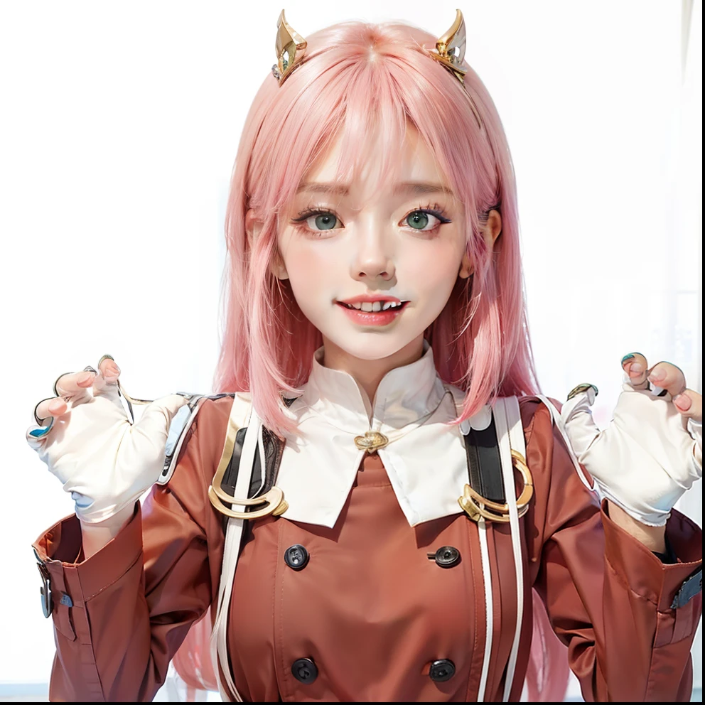 Masterpiece, 1 beautiful girl, detailed eyes, swollen eyes, top quality, super high res, (Reality: 1.4), cinematic lighting, Japanese, Asian beauty, Korean, very beautiful, beautiful skin, slender, body facing forward, (super realistic), (high res), (8K), (very detailed), ( Best Illustration), (beautifully detailed eyes), (super detailed), (wallpaper), detailed face, bright lighting, professional lighting, looking at viewer, facing straight ahead, neat clothes, short hair, pink hair, pureerosfaceace_v1, 46 point slanted bangs, hotel room with morning sun in the background, window The background is a hotel room with the morning sun shining through the window, a clear ocean outside, and an angle from the waist up, green eyes,Laughing face