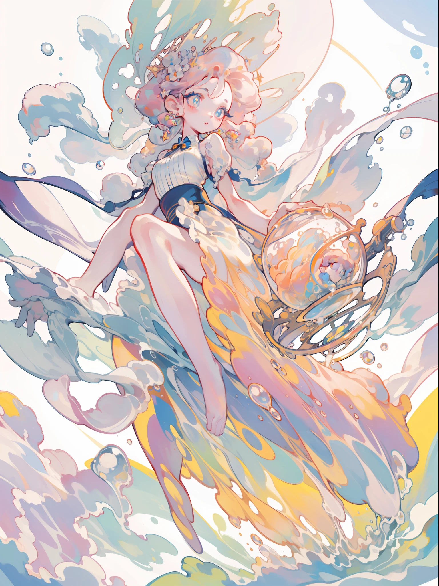 masterpiece, best quality, 8k resolution, sharp focus, intricate detail, beautiful girl, sparkling eyes, golden ratio face, otherworldly liquid, watercolor, sunset colors, bright colors, whimsical, colorful, sharp focus, high resolution, fine detail, liquid ballgown, ((round eyes)), iridescent bubbles