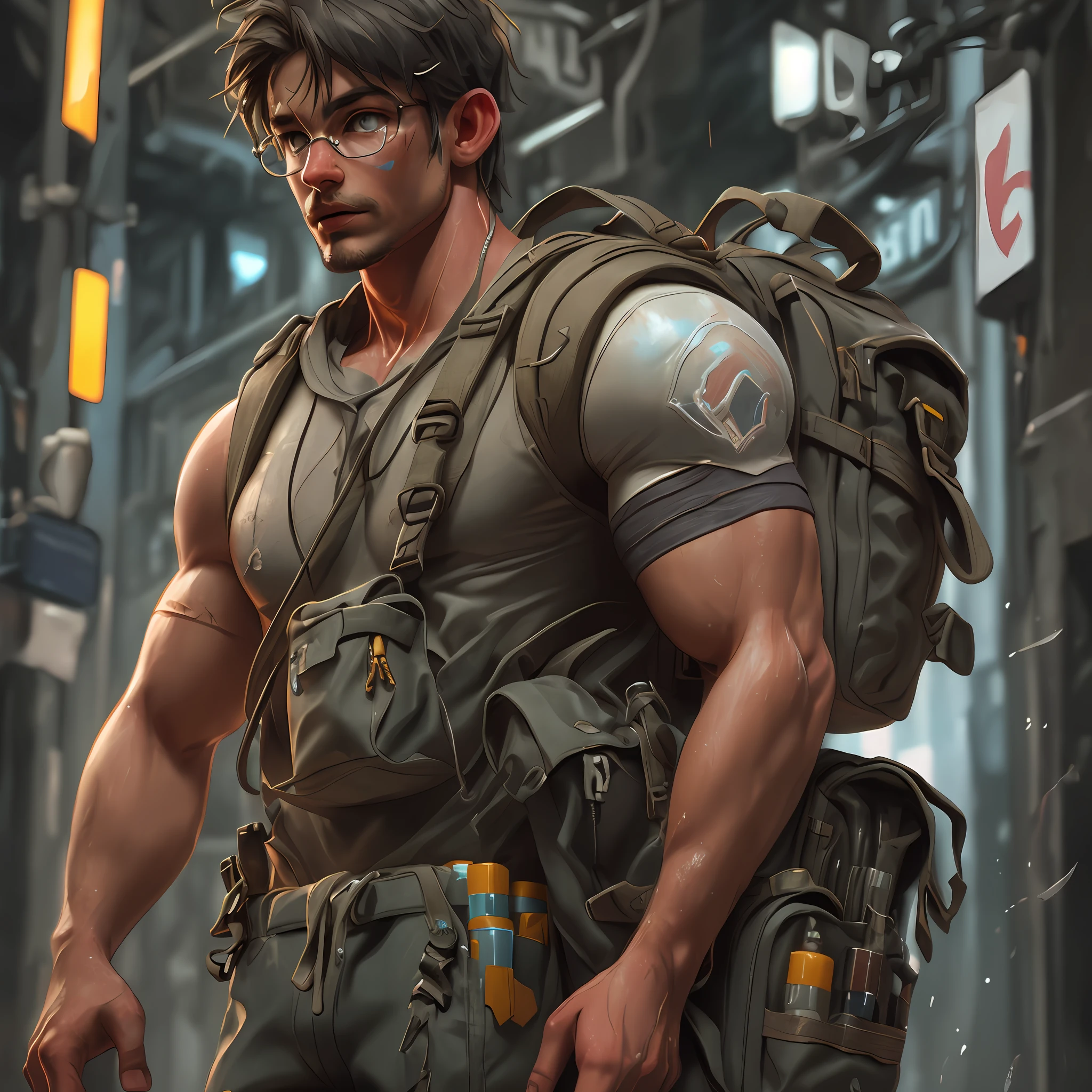 Fit man, backpack, epic realistic, photo, faded, complex stuff around, intricate background, soaking wet, ((((hdr)))), vibrant colors, intricate scene, artstation, intricate details, vignette