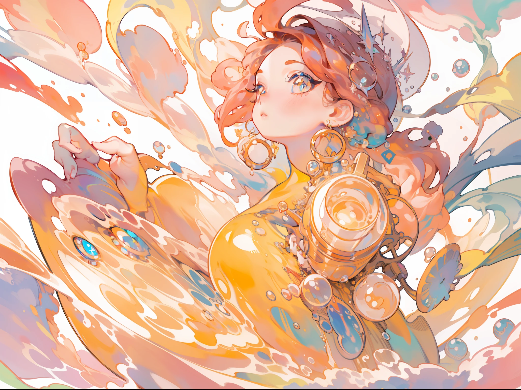 masterpiece, best quality, 8k resolution, sharp focus, intricate detail, beautiful girl, sparkling eyes, golden ratio face, otherworldly liquid, watercolor, warm colors, bright colors, whimsical, colorful, sharp focus, high resolution, fine detail, liquid ballgown, ((round eyes)), iridescent bubbles
