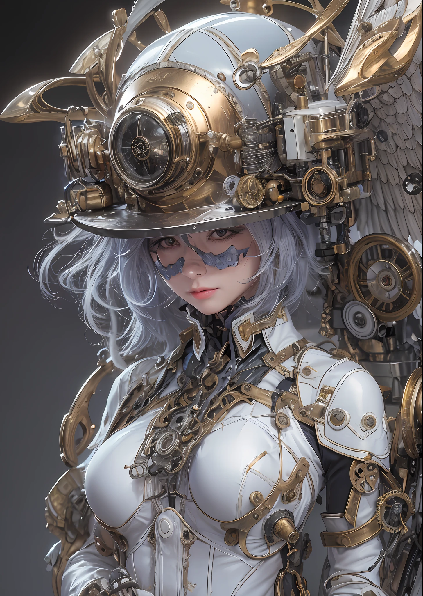 top-quality、masterpiece、超A high resolution、(Photorealsitic:1.4)、Raw photo、Steampunk Battle Powered Suit Angel、large wings made of metal、White porcelain body、Acrylic Clear Cover、white hair、glowy skin、1 Steampunk Powered Suit Girl、((super realistic details))、portlate、globalillumination、Shadow、octan render、8K、ultrasharp、character edge light,Colossal tits、Raw skin is exposed in cleavage、Details of complex ornaments、Details of the steam engine、Hydraulic cylinder、Small LED lamp、highly intricate detail、Realistic light、a purple eye、radiant eyes、Facing the camera、neon details、cowboy shot、Futuristic headgear、About steampunk、、
