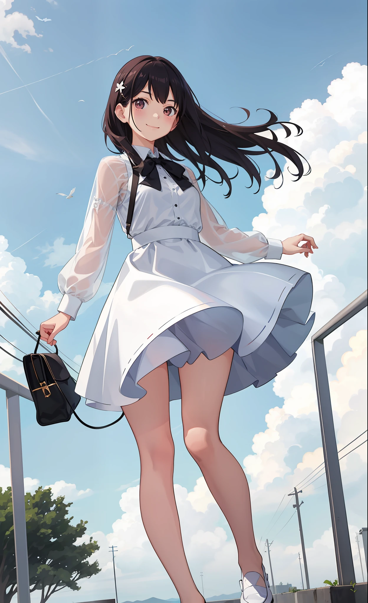 1girl in、A smile、The shirt、skirt by the、White fluffy dress、(small tits)、Chilarism、movement、the wind、
