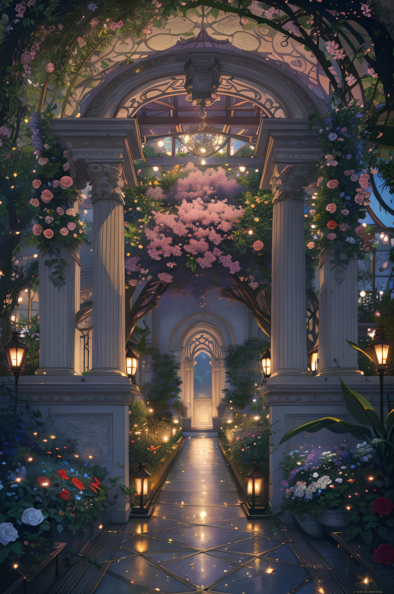 (Illustration:1.3), (secret garden), lush, floral, rose, (botanical), romanticism, moody, space, stars, nebula, beautiful clouds, moon, trellis, lattice, garden, gazebo, (realistic:1.5), (good shading), good architecture, volumetric lighting, cinematic, good architecture, (highest quality, award winning, masterpiece:1.5),