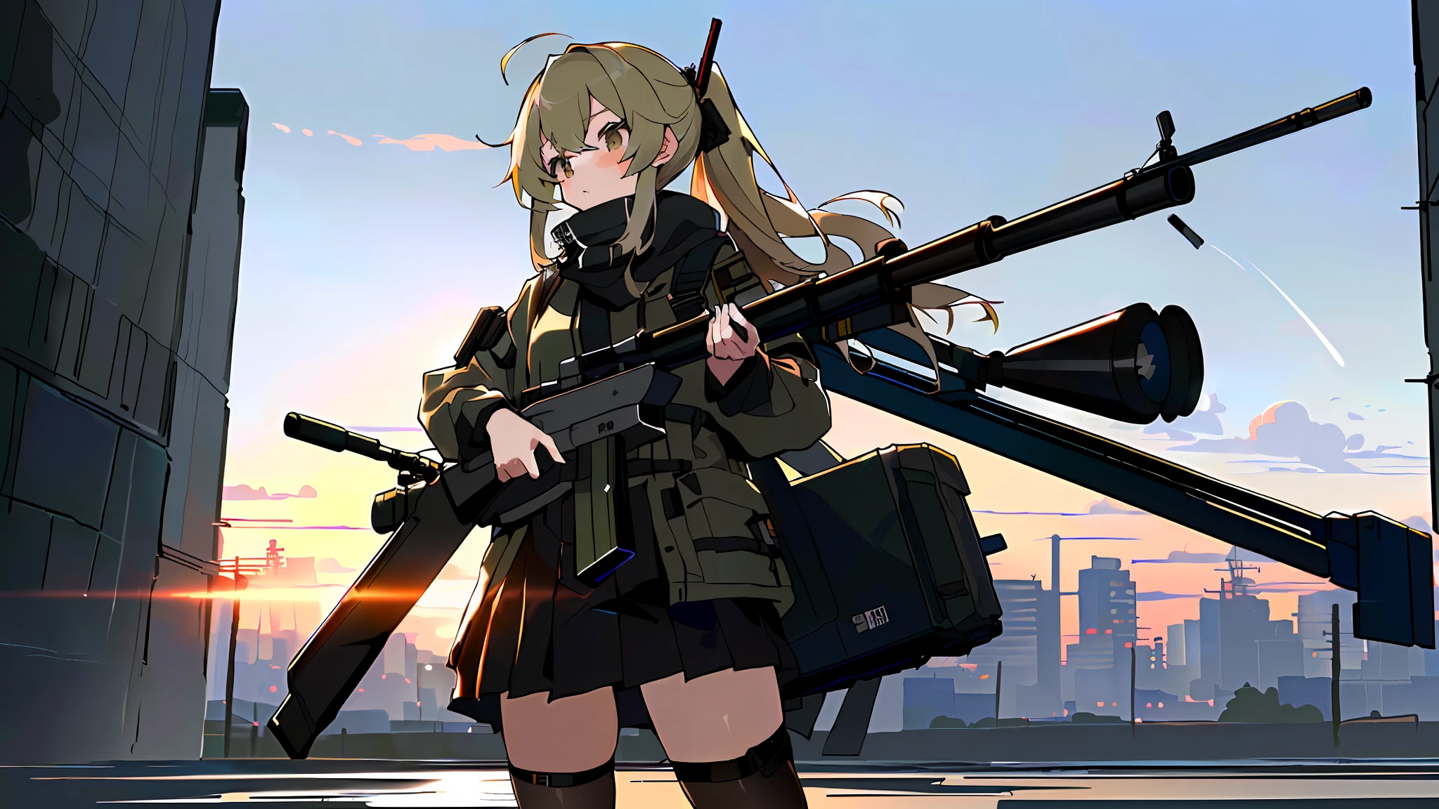 Anime girl standing in front of the building，Sniper rifle in hand，Kantai collection style，girls frontline style，Best anime 4K Konacha wallpapers from Girl Frontline。girls' frontline CG，Anime style 4K，girls frontline universe