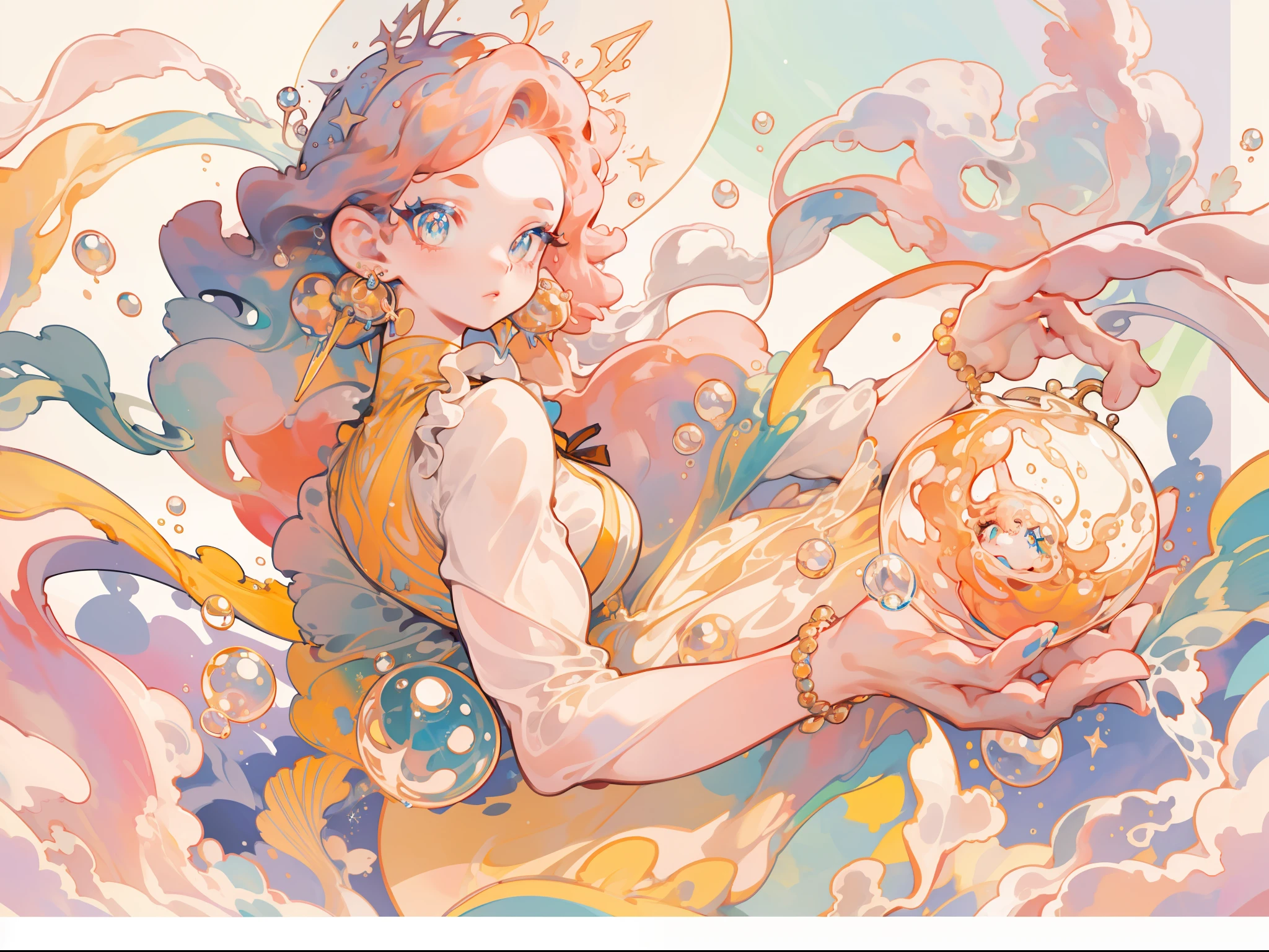 masterpiece, best quality, 8k resolution, sharp focus, intricate detail, beautiful girl, sparkling eyes, golden ratio face, otherworldly liquid, watercolor, warm colors, bright colors, whimsical, colorful, sharp focus, high resolution, fine detail, liquid ballgown, ((round eyes)), iridescent bubbles