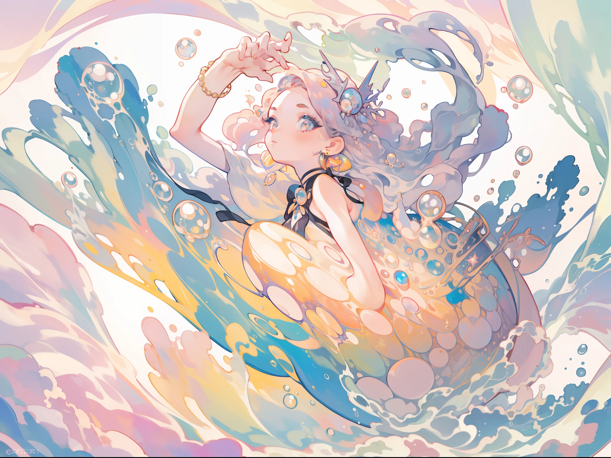 masterpiece, best quality, 8k resolution, sharp focus, intricate detail, beautiful girl, sparkling eyes, golden ratio face, otherworldly liquid, watercolor, sunset colors, bright colors, whimsical, colorful, sharp focus, high resolution, fine detail, liquid ballgown, ((round eyes)), iridescent bubbles
