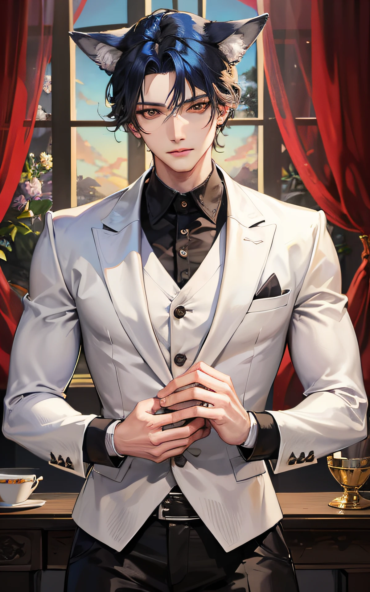 man, masculine, masculine face, attractive, muscular, ((1man)), masterpiece, absurdres, best quality ,intricate details , Sundown, attractive, ((muscular)), adult, one,butler clothes, black pants, Don't look at the view , Not looking at the view, blue hair, perfect detailed face, perfect detailed hands, wolf ears, wolf tail, brown eyes, ((MLS)), smirk, medium large shoot