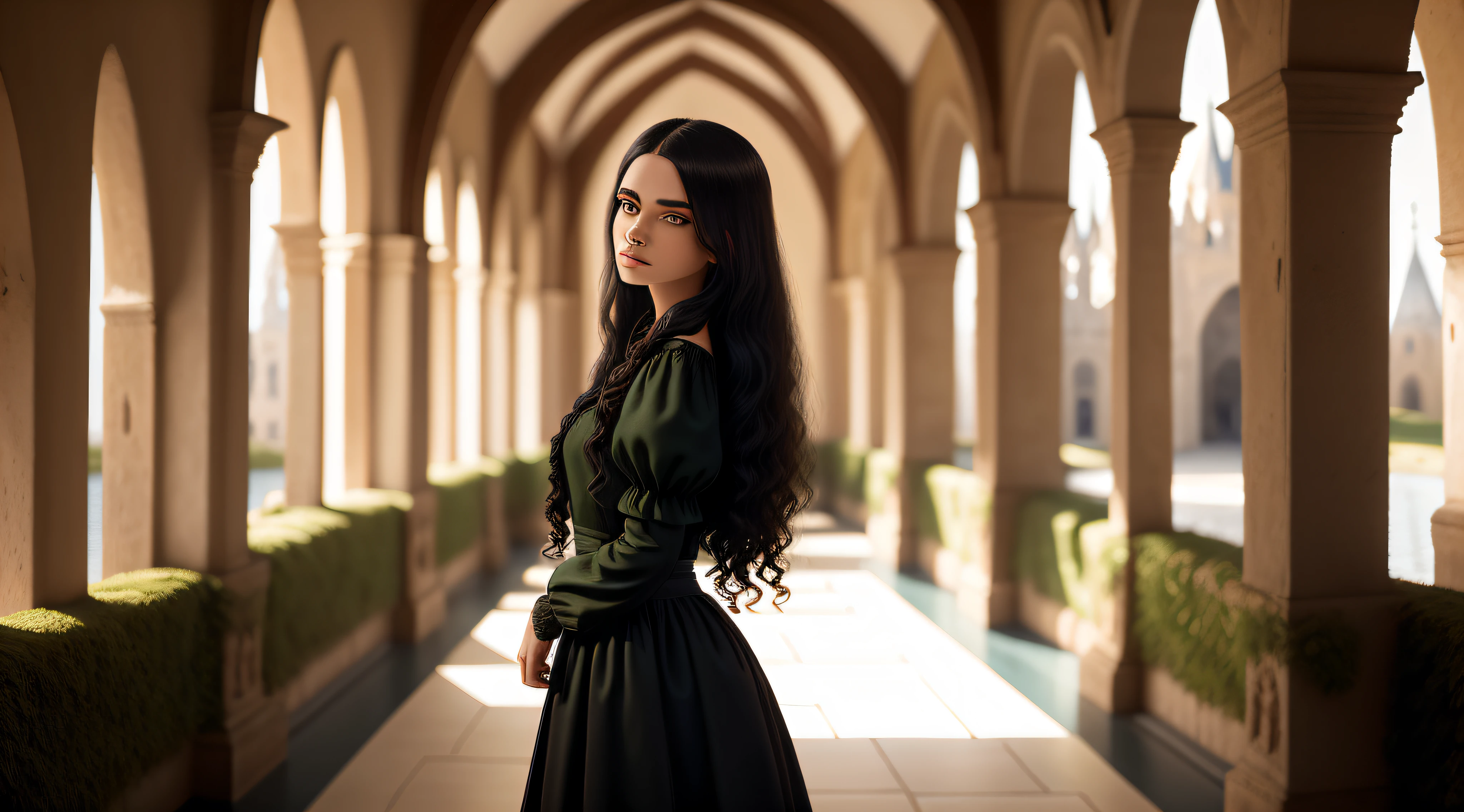 (corpo inteiro, fotografia, 20 yo spectacular gothic woman walking in her medieval castle in the night) (olhos verdes, Artistic makeup:1.2) (rosto altamente detalhado e angelical:1.4) (sorrir:0.7) (long hair dyed black and flowing) (fundo dentro escuro: 1.3), Directed by: Steve McCurry, Canon M50, Fotografia editorial de uma de beleza angelical a noite, corpo inteiro, mulher misteriosa, olhar penetrante, Primavera F1.8, gargantilha preta, Hiper realista, Textura realista, lighting dramatic, Misterioso, Foto premiada, obra-prima, paisagem medieval de fundo com castelos, 8k.
