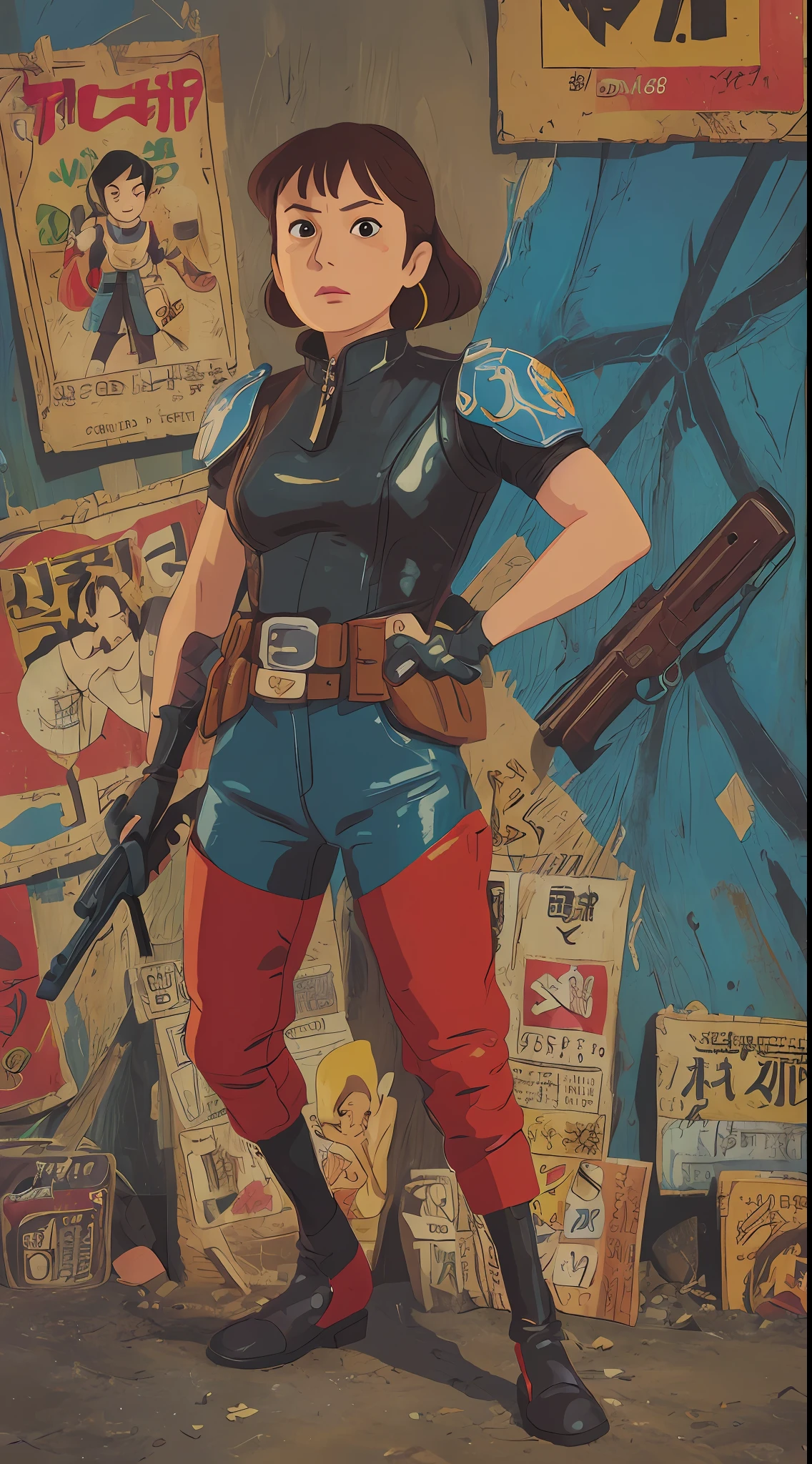 arafed poster of a woman in a leather outfit holding a gun, tokusatsu movie poster , movie poster painting, japanese vhs cover art, vibrant and bold pop art with high contrast colors, dynamic composition, and exaggerated details