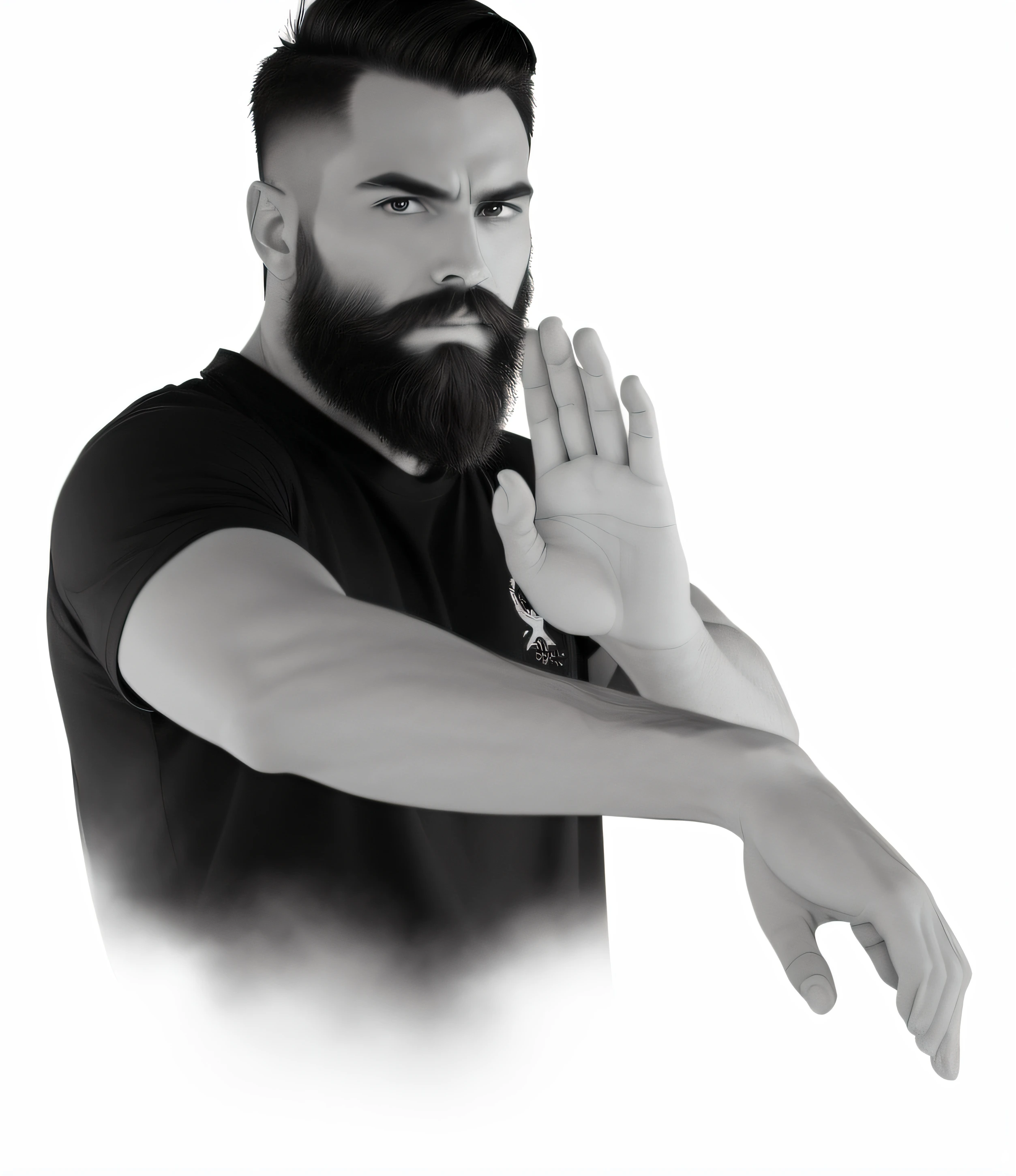 there is a man with a beard and a beardless shirt doing a hand gesture, man standing in defensive pose, threatening pose, in a fighting pose, fighting stance, in a fighting stance, scary angry pose, fighting pose, martial art pose, indistinct man with his hand up, confident action pose, colorful water painting, extremely detailed wallpaper, flat color,colorful, masterpiece, best quality, original