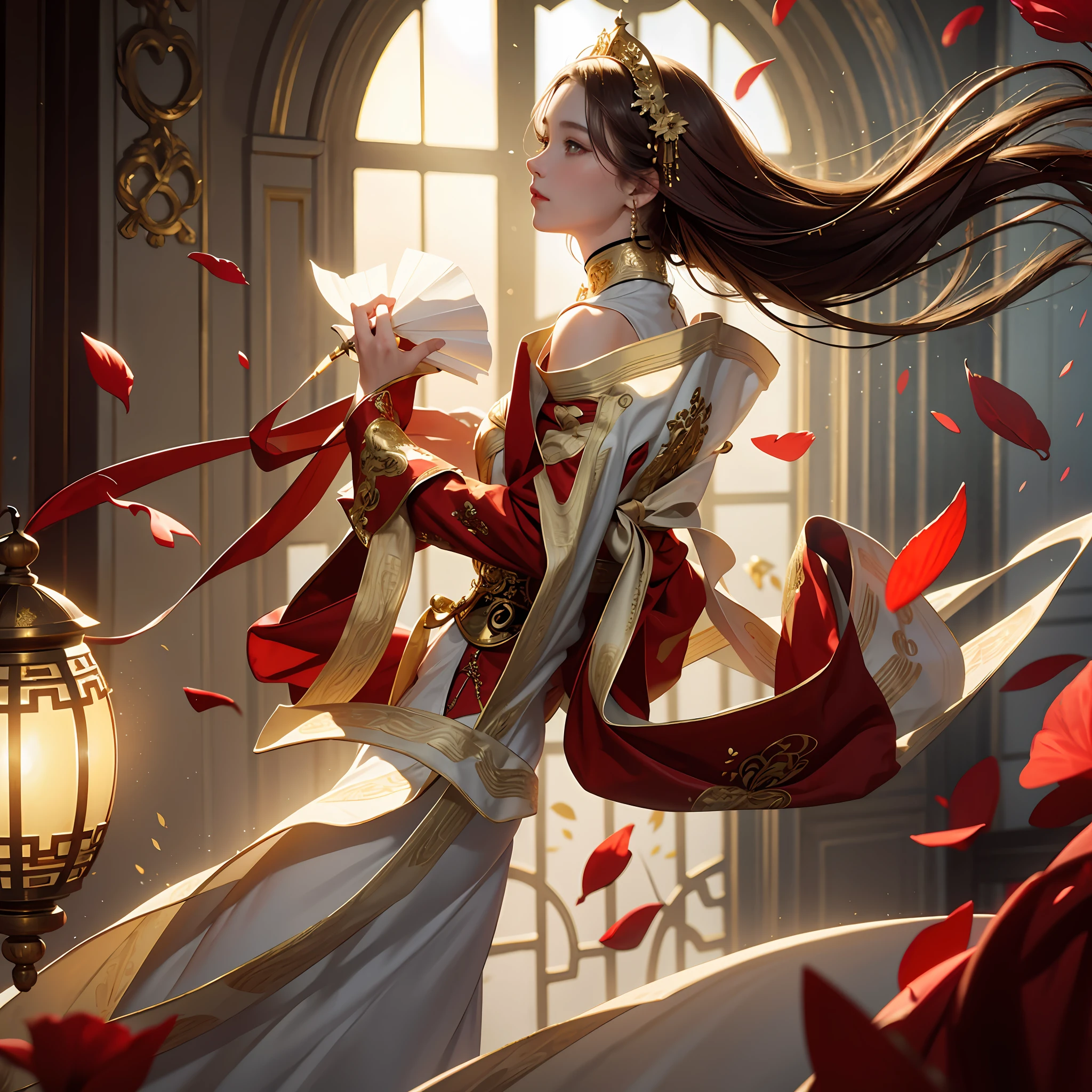 best quality, masterpiece, highres, (exquisite body:1.5),gorgeous face,(milky skin:1.3),intricate details,high resolution,wallpaper,
1girl, solo, dress, hair ornament, (((gold and red dress))), flowers, long hair, brown hair, closed mouth, jewelry, long sleeves, hand up, wide sleeves, big eyes,floating hair, chinese clothes, hanfu, embroidery, long skirt, natural pose, falling petals, indoor,fanning, lantern,
16K,HDR,highres,depth field,(film grain:1.1),boken,golden hour,(lens flare),vignette,rainbowing,(color grading:1.5)