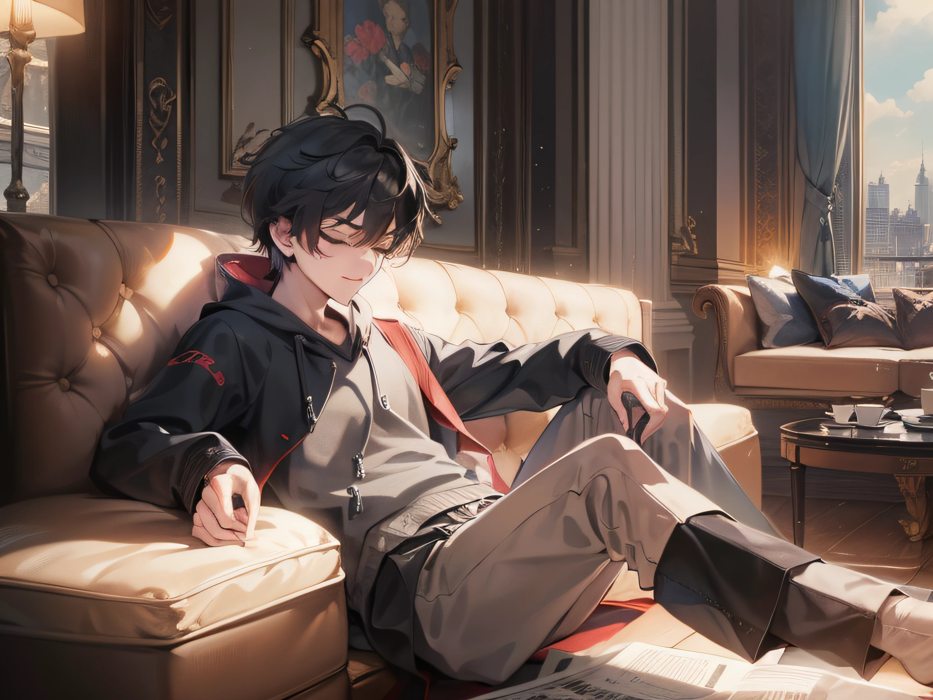 A 20-year-old boy wearing casual clothes with short black hair，Recline on the sofa，With his eyes closed，Inside the hotel，grand master，tmasterpiece，8k wallpaper，CG，Ultra-high image quality，light and shadow effect