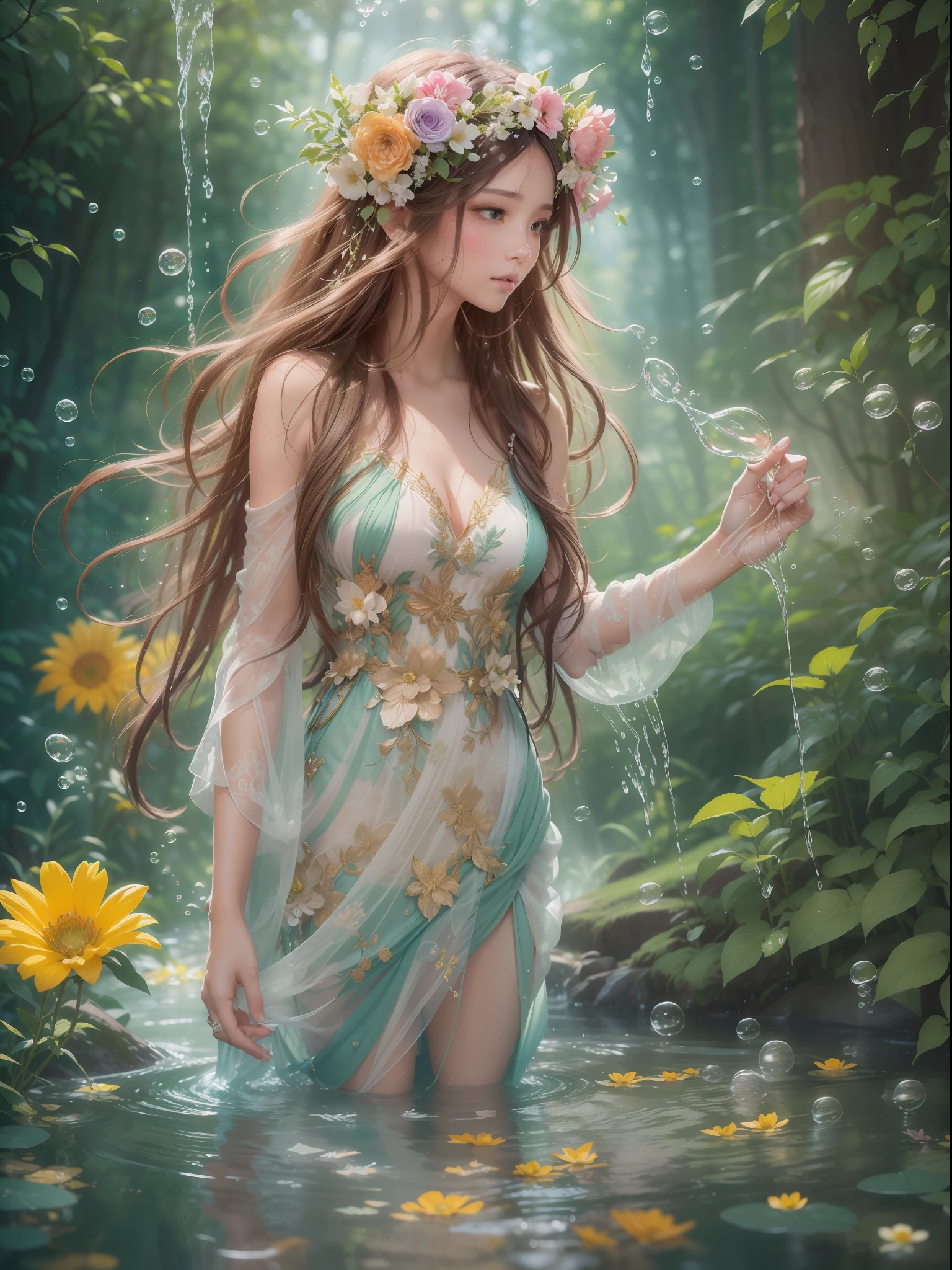 A beautiful woman with long hair adorned with fresh flowers is walking through a forest fountain in a light dress. She has a beautiful face and colorful, shining eyes. A forest spring overflowing with greenery. A small waterfall. A fantastic space with bubbles of water drifting around. She wears a costume of delicate and intricate design. Detailed drawings. Vivid colors. High image quality.