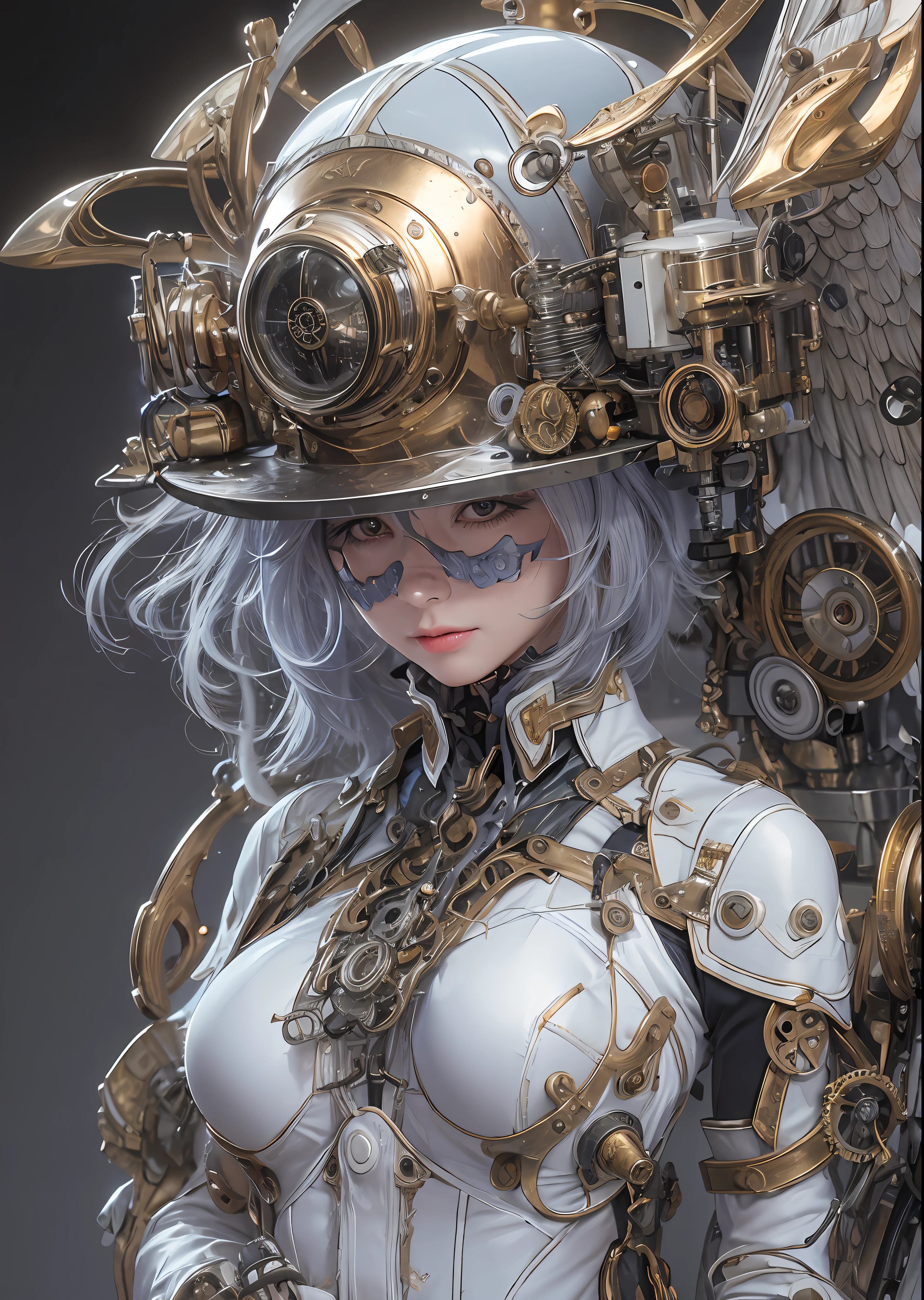 top-quality、​masterpiece、超A high resolution、(Photorealsitic:1.4)、Raw photo、Steampunk Battle Powered Suit Angel、large wings made of metal、White porcelain body、Acrylic Clear Cover、white  hair、glowy skin、1 Steampunk Powered Suit Girl、((super realistic details))、portlate、globalillumination、Shadow、octan render、8K、ultrasharp、character edge light,Colossal tits、Raw skin is exposed in cleavage、Details of complex ornaments、Details of the steam engine、Hydraulic cylinder、Small LED lamp、highly intricate detail、Realistic light、a purple eye、radiant eyes、Facing the camera、neon details、cowboy  shot、Futuristic headgear、About steampunk、、