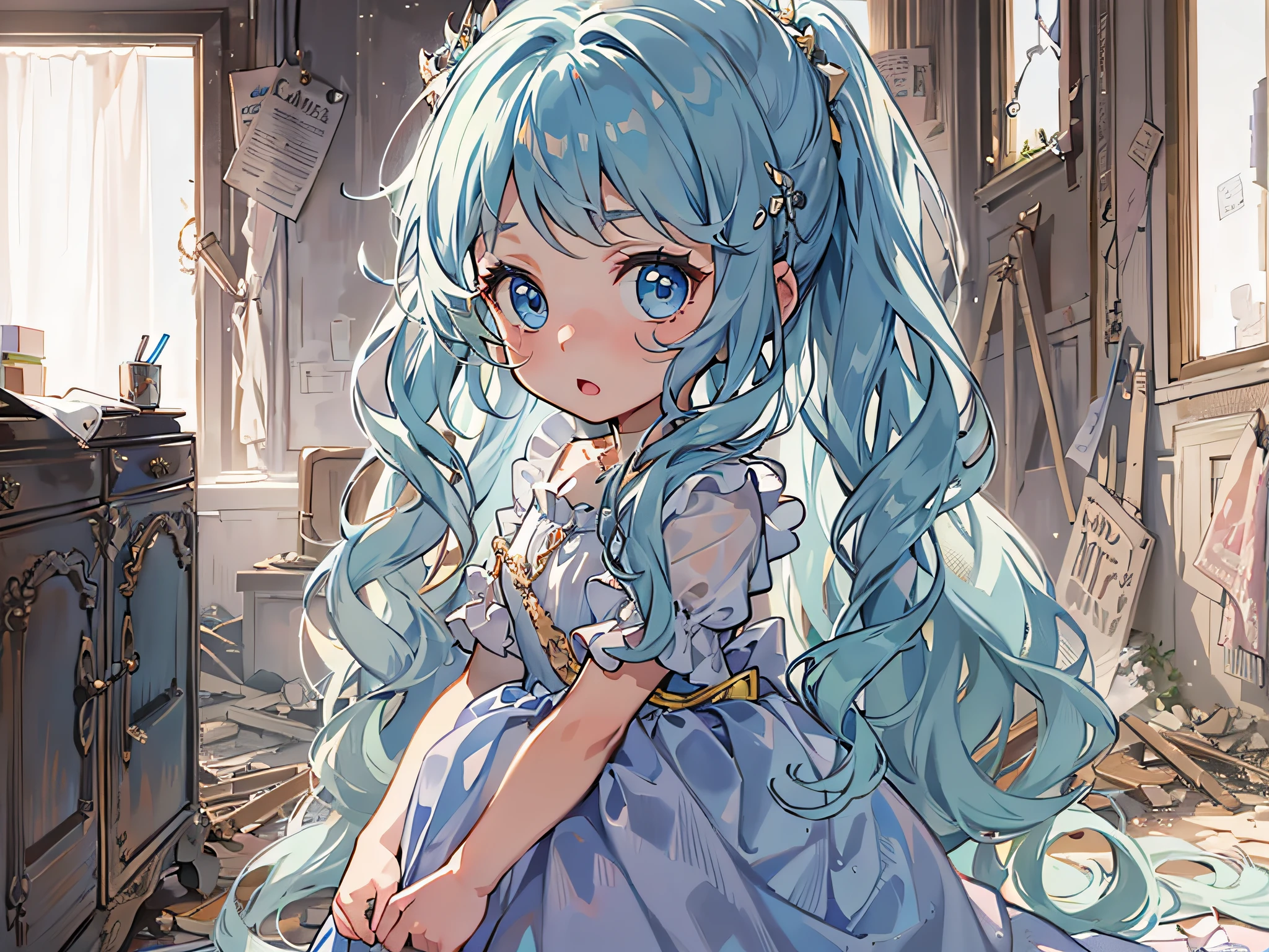 A 5--old l hand,Long blue hair and blue eyes,Expression of grievance,In a dilapidated room,Wearing a princess dress
