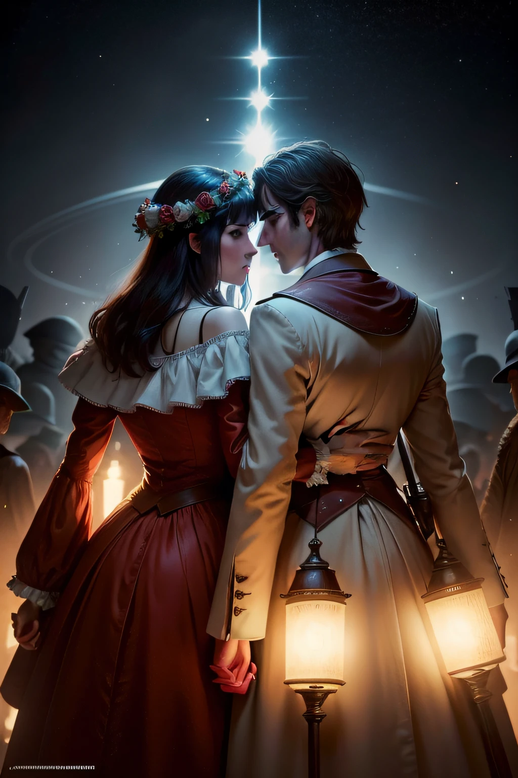 Plus the couple's back，Dressed in period costume，There are four big characters "Ten Thousand Domains of Lights"，Art fonts